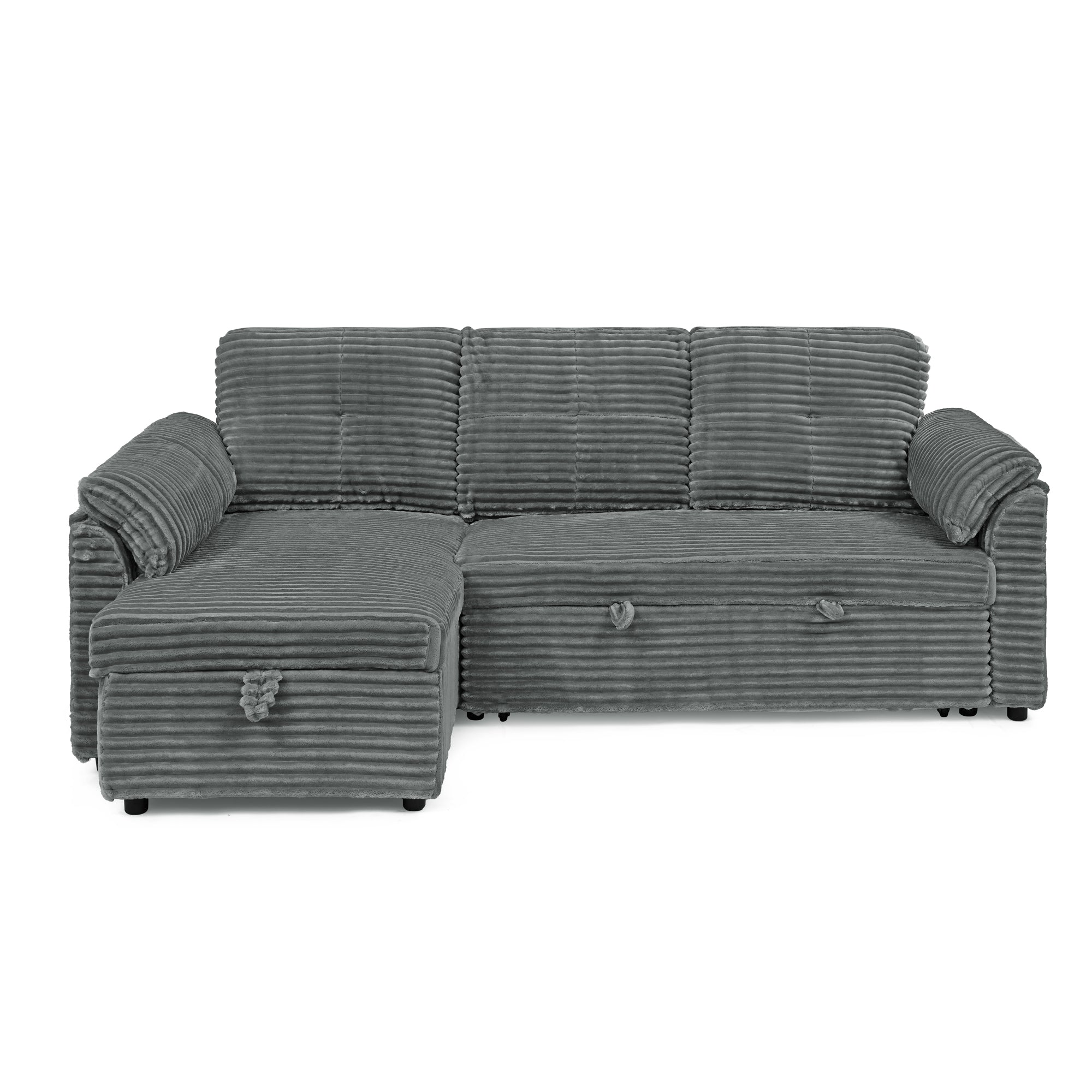 Corduroy Tufted Upholstered Sleeper Sectional Sofa, L-Shaped Modular Convertible Sofa with Storage Chaise, Pull Out Sleep Couch Bed and Reclining Backrest Perfect for Living Space,Grey