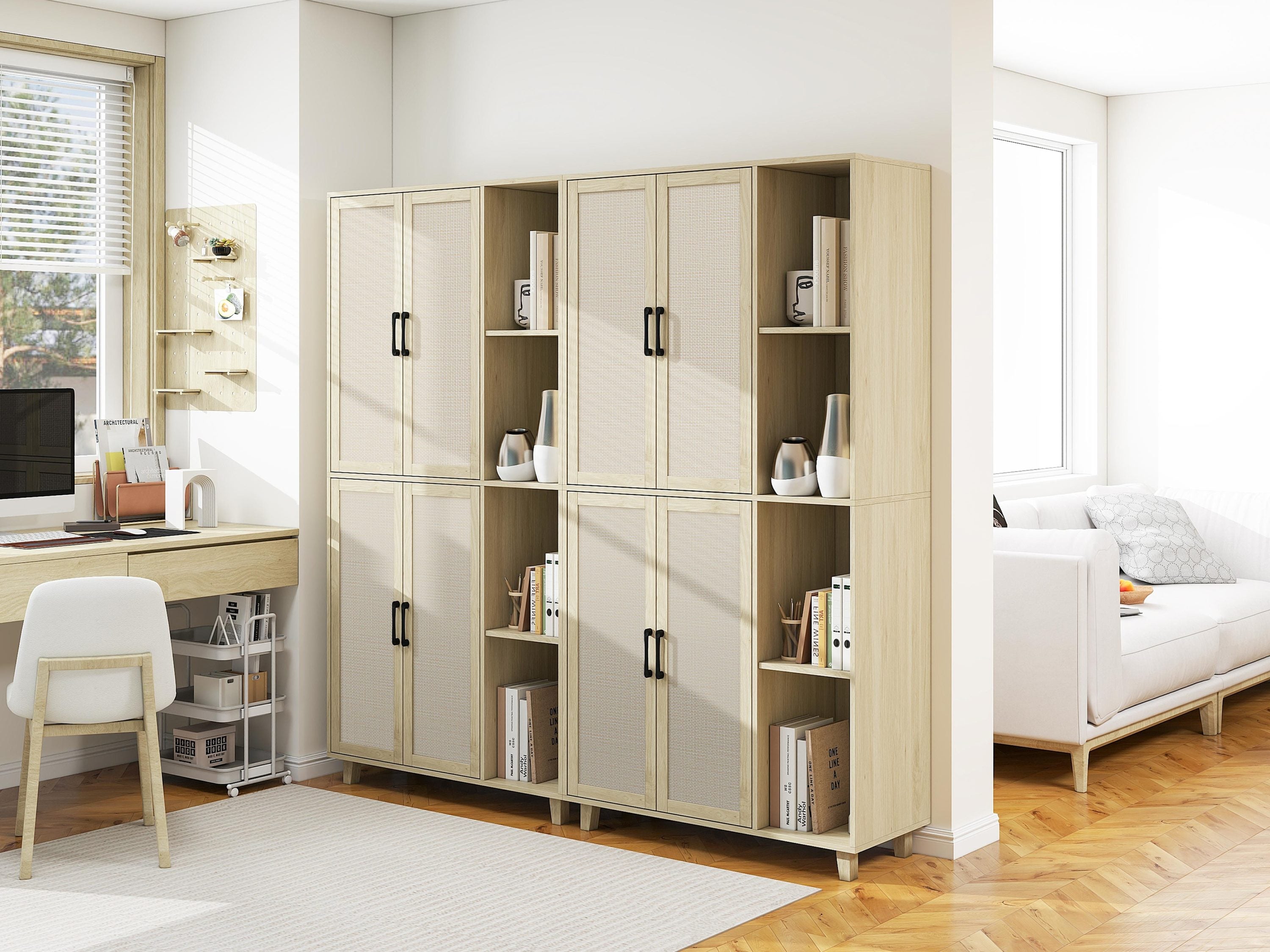 4 Door Cabinet with 4 Shelves with 4 Adjustable Inner Shelves, Storage Cabinet