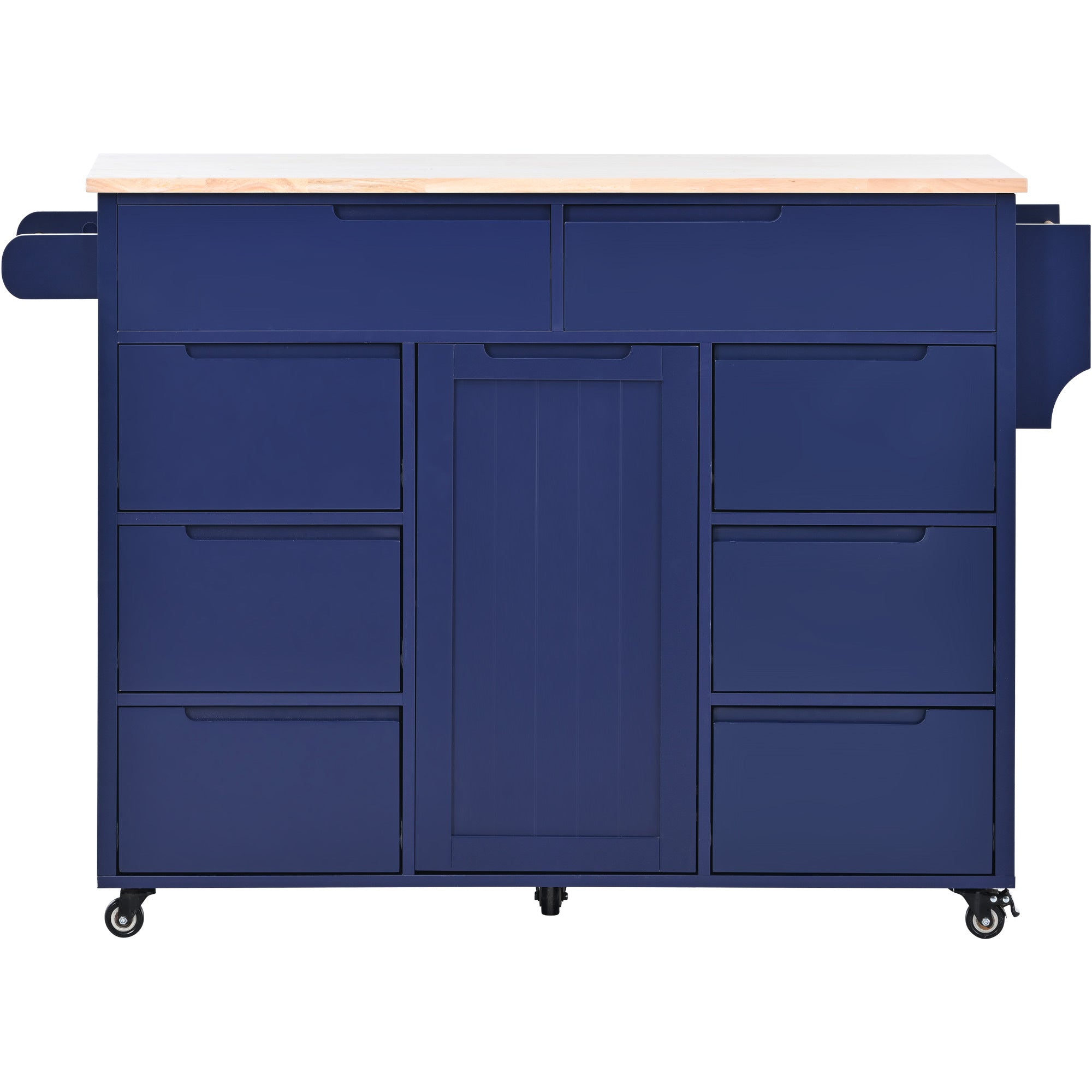 K&K Store Kitchen Cart with Rubber Wood Countertop , 8 Handle-Free Drawers and 5 Wheels for Kitchen Dinning Room, Dark Blue