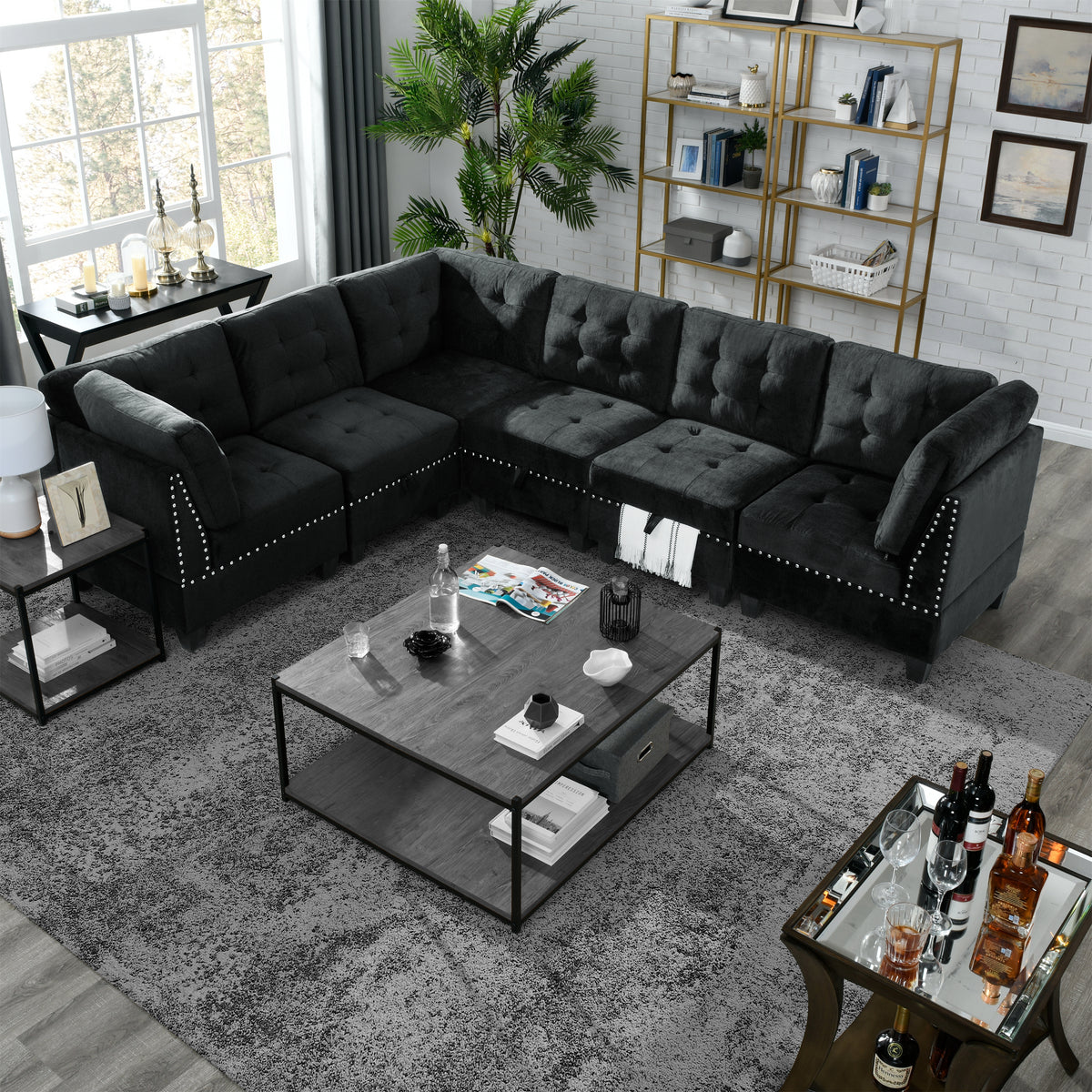 L shape Modular Sectional Sofa,DIY Combination,includes Three Single Chair and Three Corner ,Black Velvet.