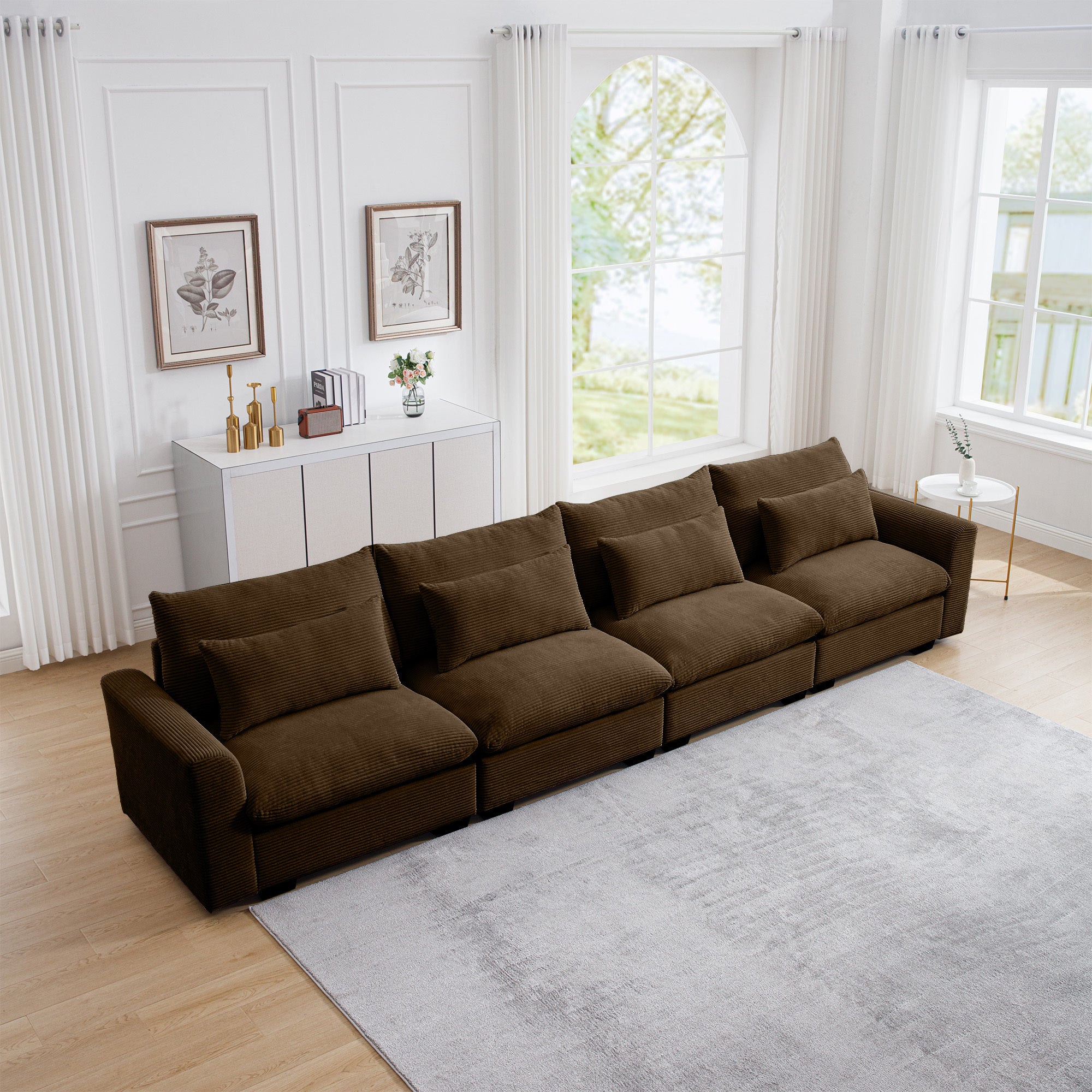 4 Seater Deep Seat Couches for Living Room, Comfy Brown Corduroy Sofas for Living Room Modern with 4 Waist Pillows