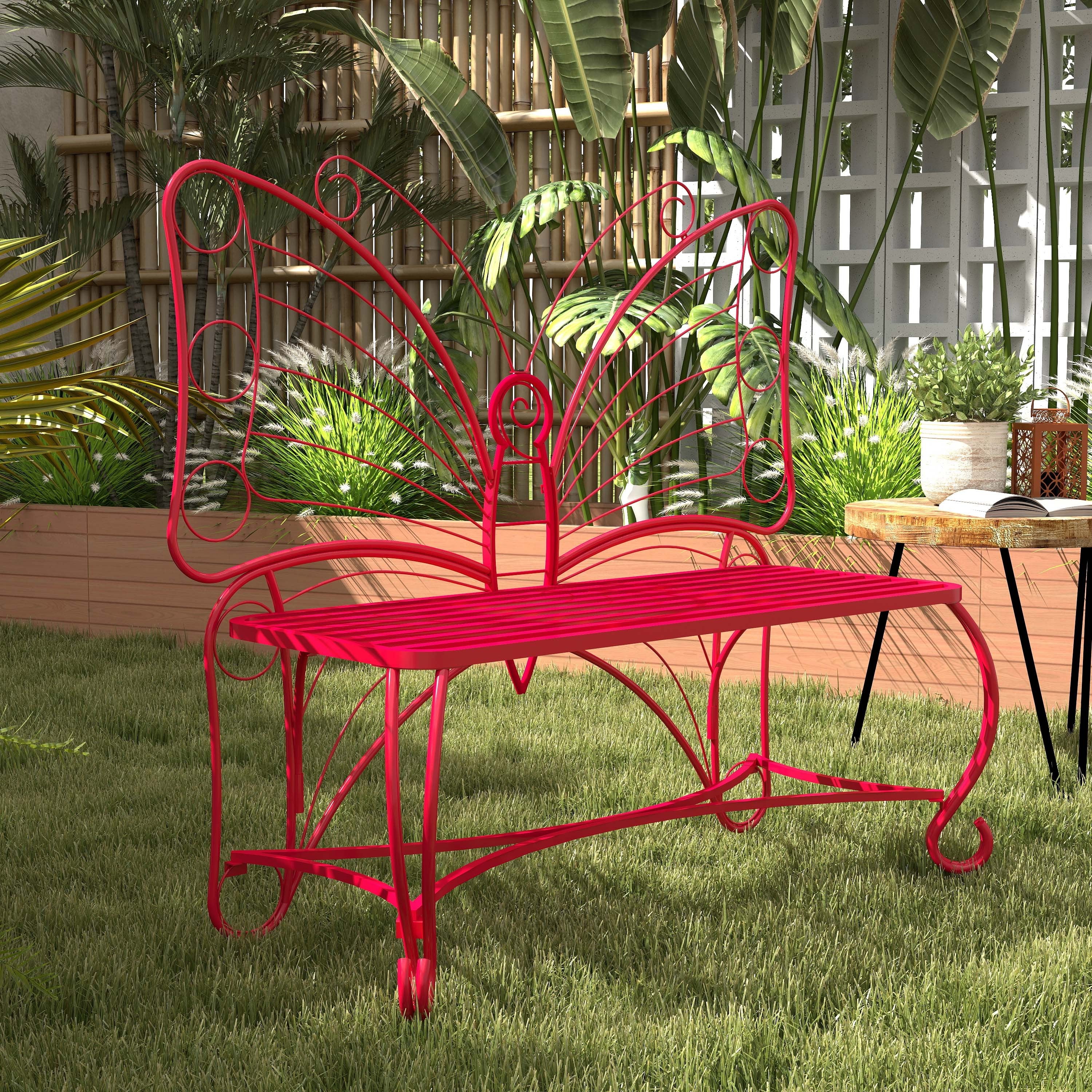 Butterfly Cast Metal Garden Bench, Outdoor Patio Bench for Yard & Entryway