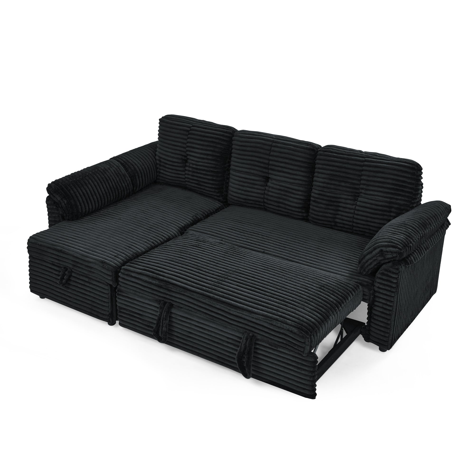 Corduroy Tufted Upholstered Sleeper Sectional Sofa, L-Shaped Modular Convertible Sofa with Reversible Storage Chaise, Pull Out Sleep Couch Bed and Reclining Backrest Perfect for Living Space, Black