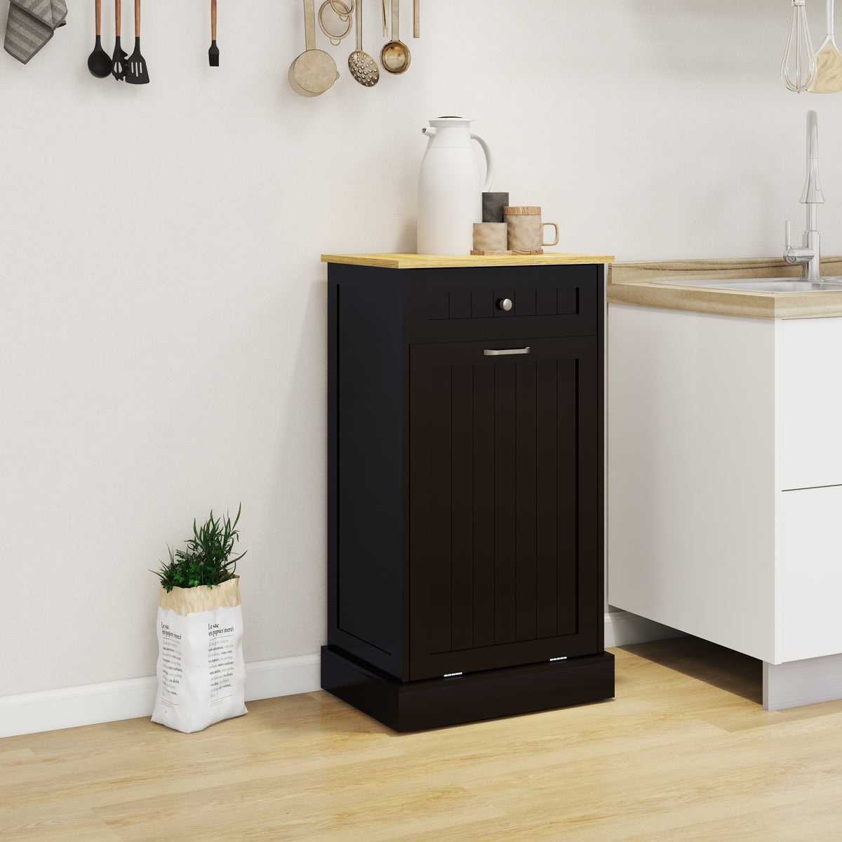 One Drawers and One-Compartment Tilt-Out Trash Cabinet Kitchen Trash Cabinet-Black