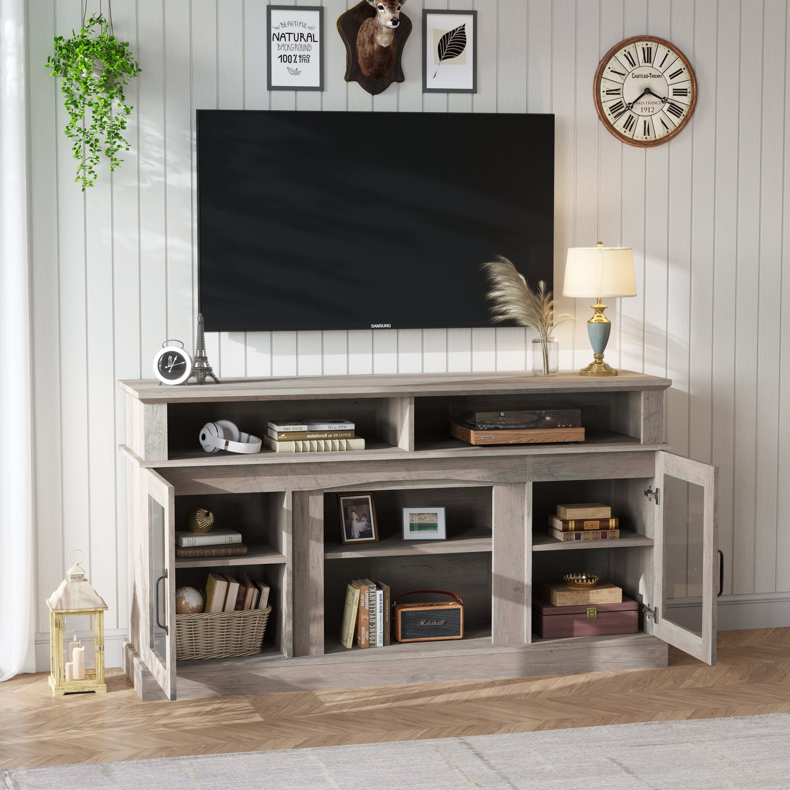 58 Inch TV Stand with Storage Cabinet and Shelves, TV Console Table Entertainment Center for Living Room,Bedroom