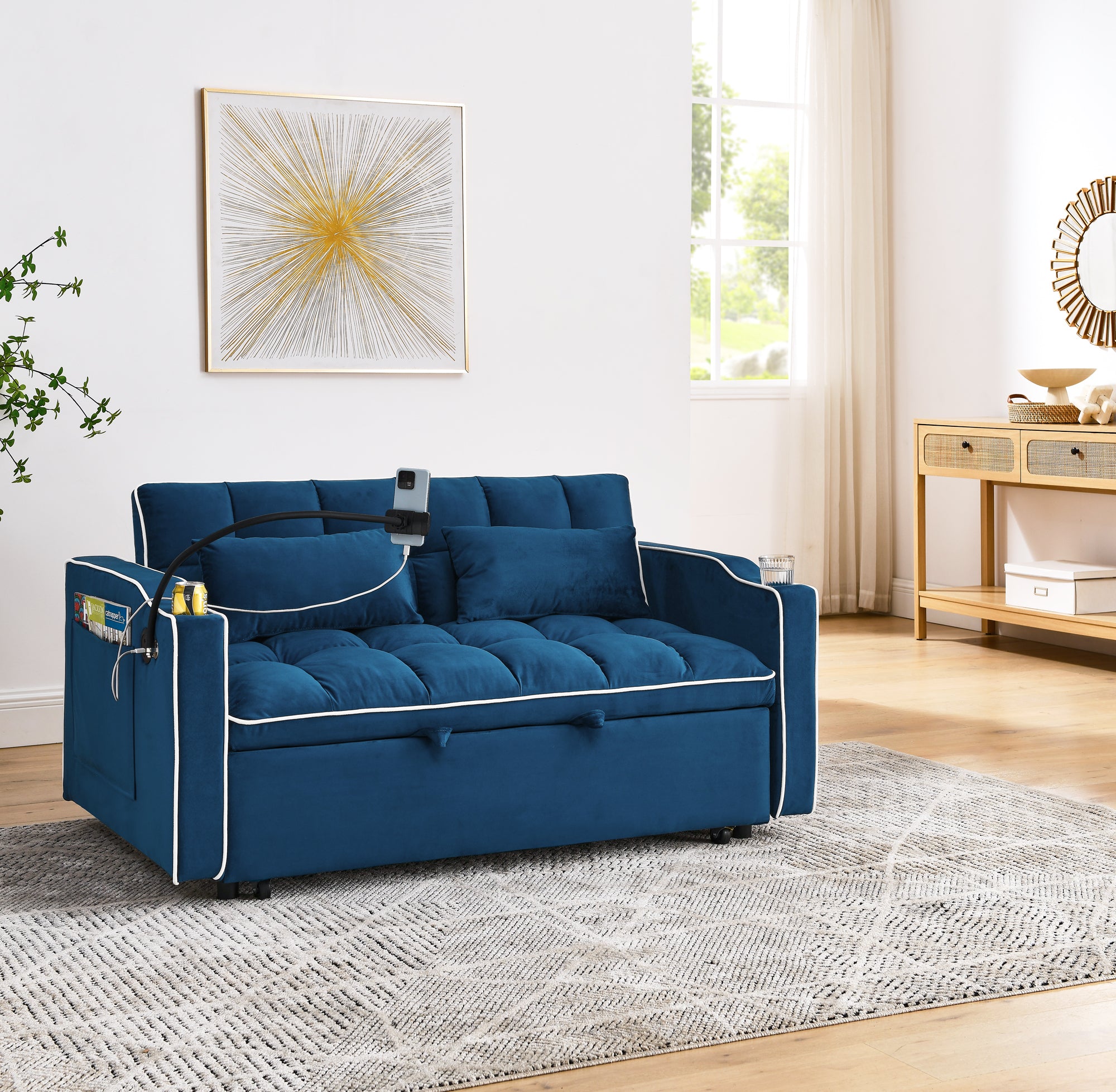 55.51" Foldable Velvet Sofa Bed with Adjustable Back, Pull-Out Design with USB Port, Ashtray, and Swivel Phone Stand, Blue