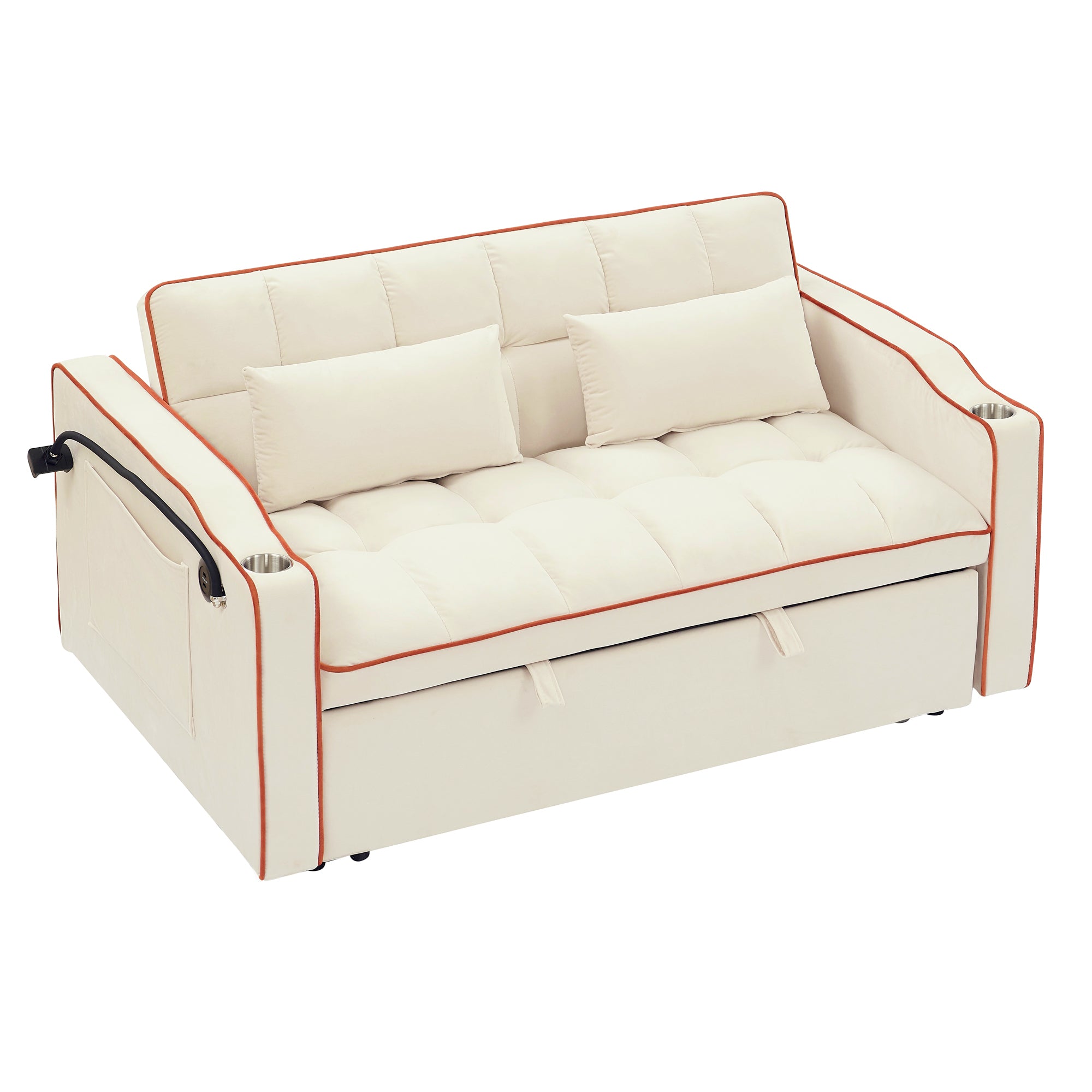 55.51" Foldable Velvet Sofa Bed with Adjustable Back, Pull-Out Design with USB Port, Ashtray, and Swivel Phone Stand, Beige