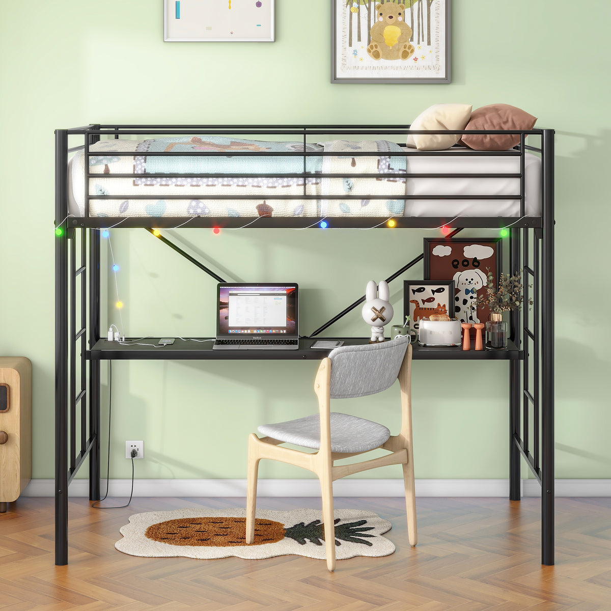 Twin Metal Loft Bed with Desk, Power Outlet & LED Light - Black