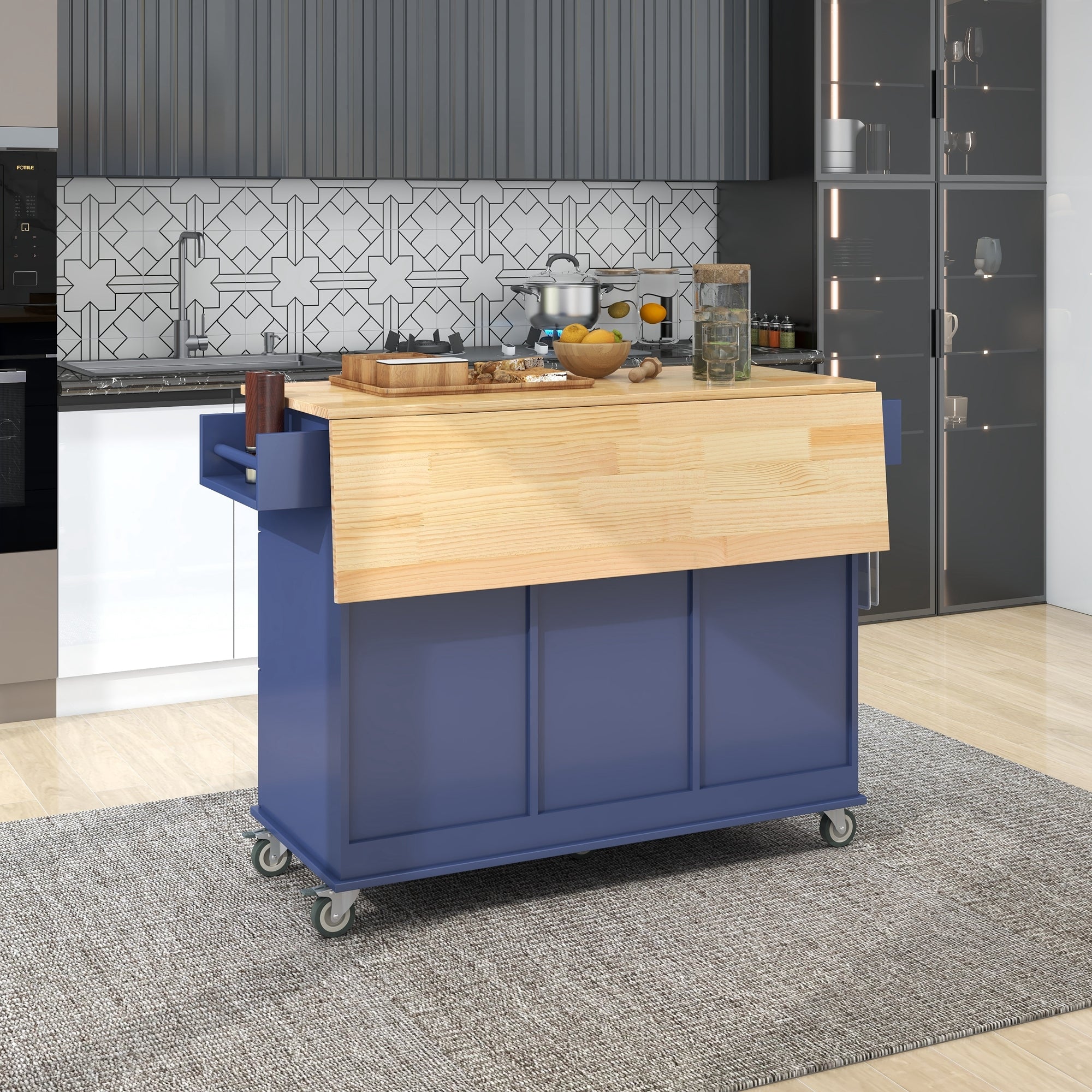 52.7" Rolling Mobile Kitchen Island with Drop Leaf - Solid Wood Top, Locking Wheels & Storage Cabinet, Dark blue