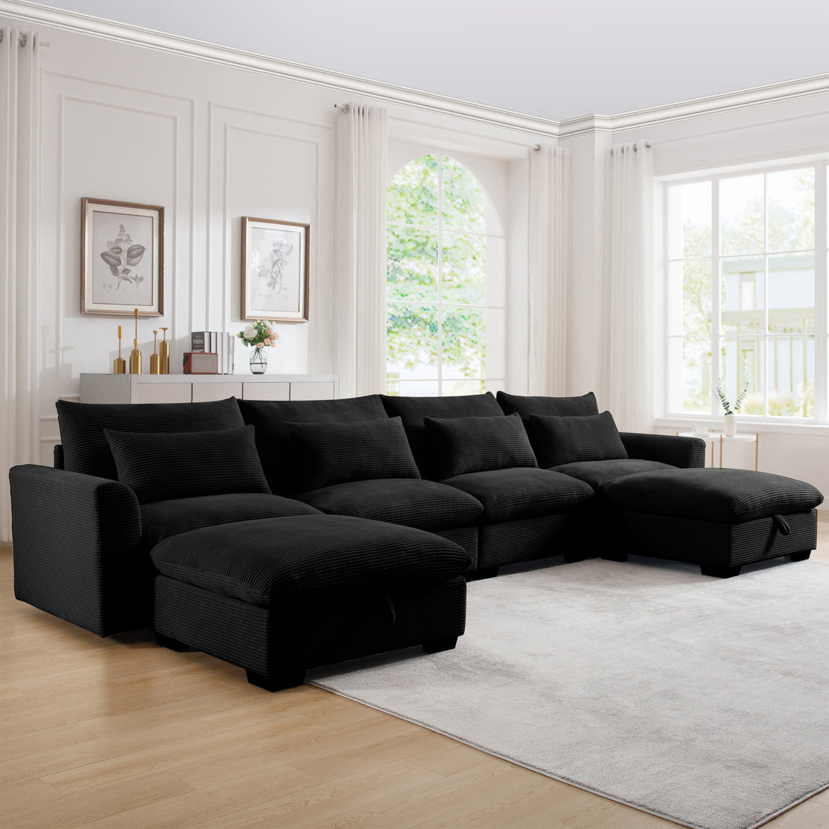 Big Deep Seat U-Shaped Corduroy Sectional Couches for Living Room, 4 Seater Sofa Couch with 2 Storage Footstool and 4 Waist Pillows (Corduroy, Black)