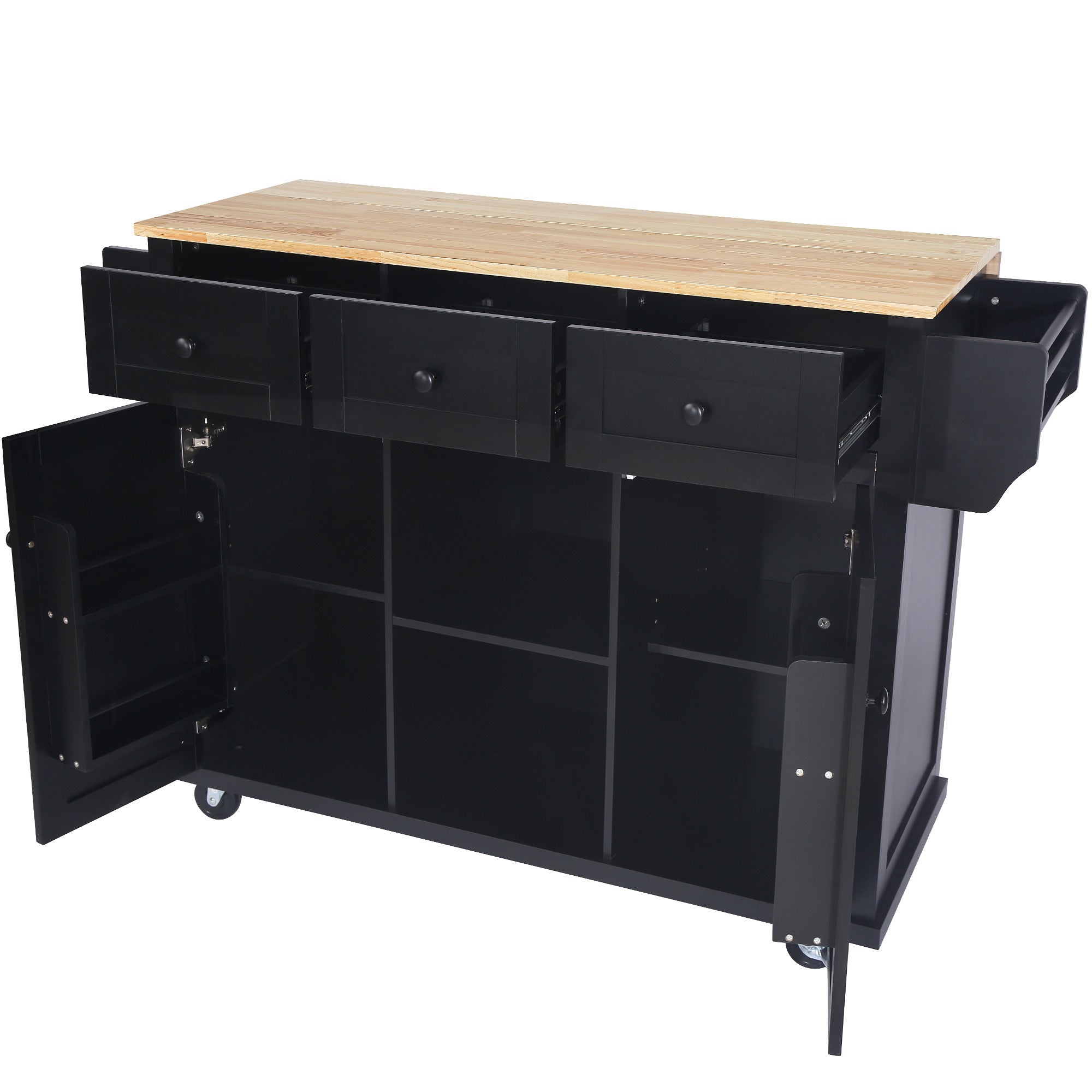 Kitchen Cart with Rubber wood Drop-Leaf Countertop ,Cabinet door internal storage racks,Kitchen Island on 5 Wheels with Storage Cabinet and 3 Drawers for Dinning Room, Black