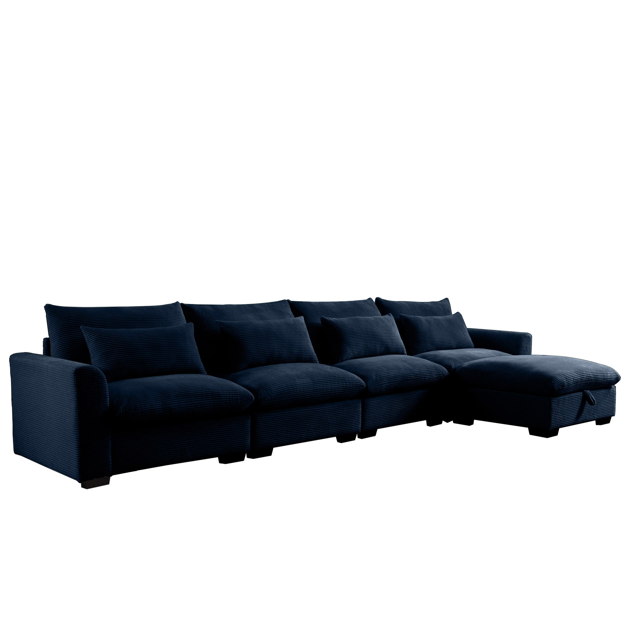 Large L Shape Sectional Corduroy Sofa,Deep Seat Couch with Storage Footstool and 4 Waist Pillows, Blue