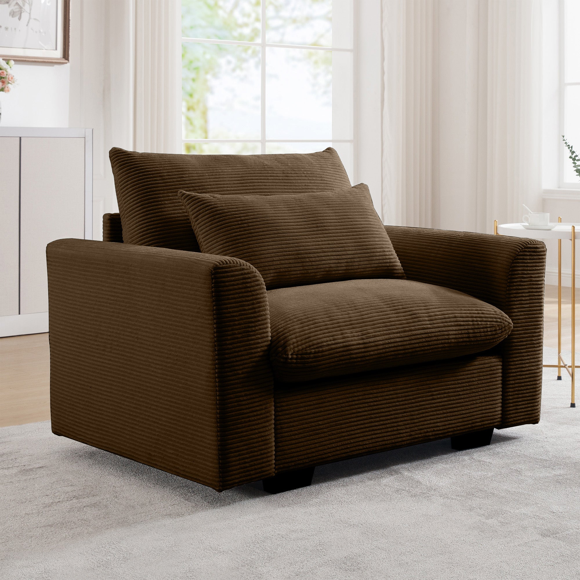 Brown Corduroy Deep Seat Single Sofa Accent Chair,Deep Seat Couch with Waist Pillow for Living Room