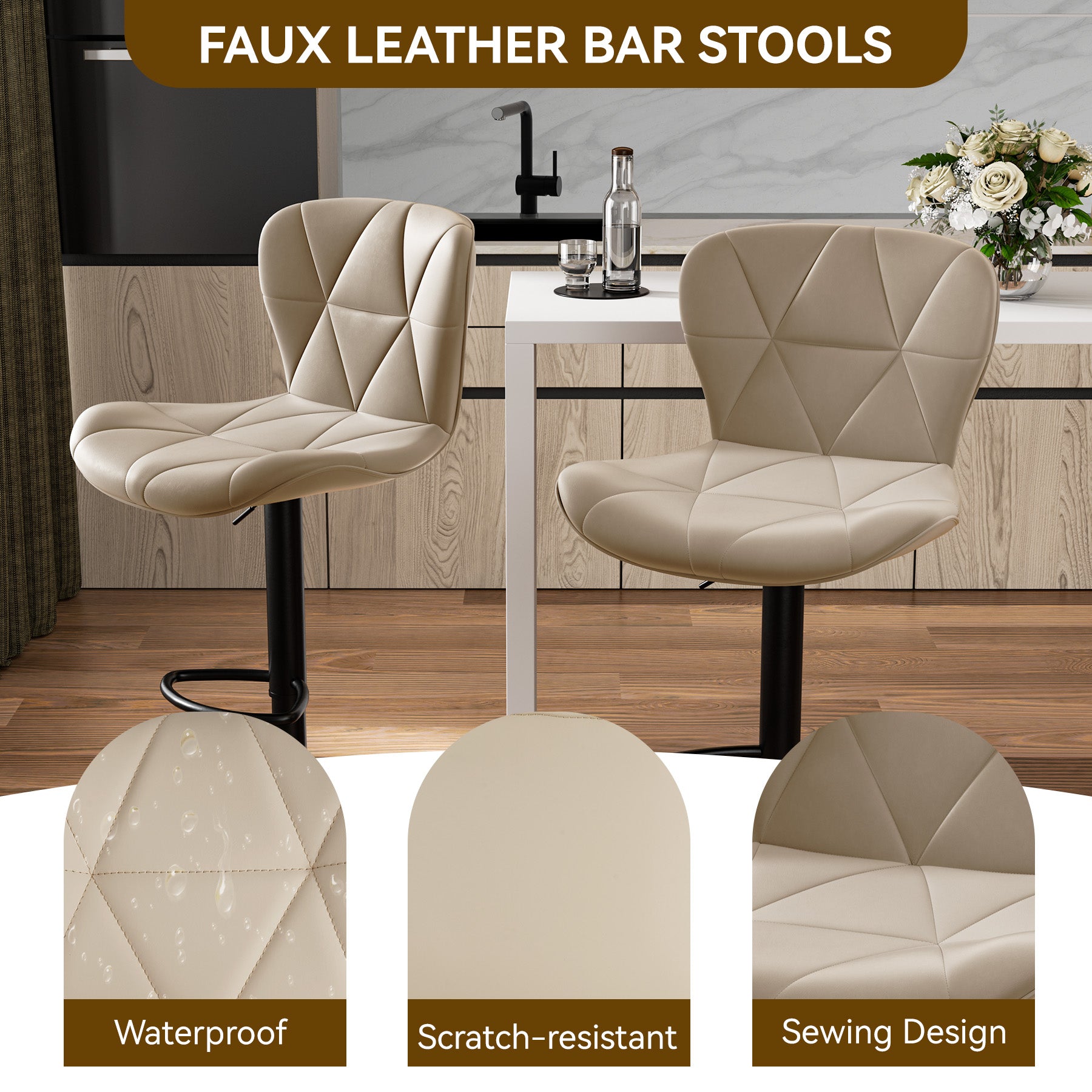 Modern Adjustable Faux Leather Bar Chair with Backrest - Stylish Black Counter Stool FU01034