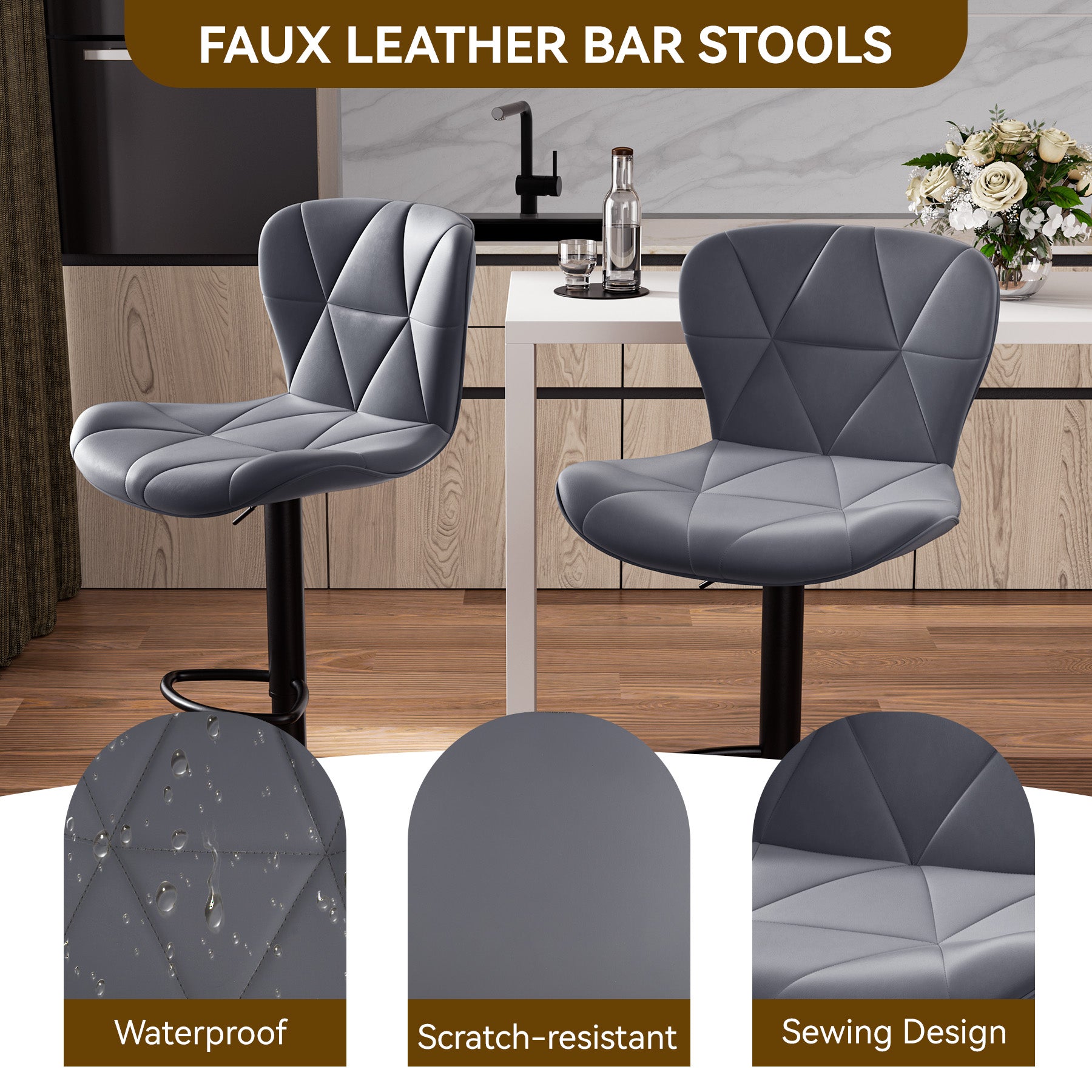 Modern Adjustable Faux Leather Bar Chair with Backrest - Stylish Black Counter Stool FU01034