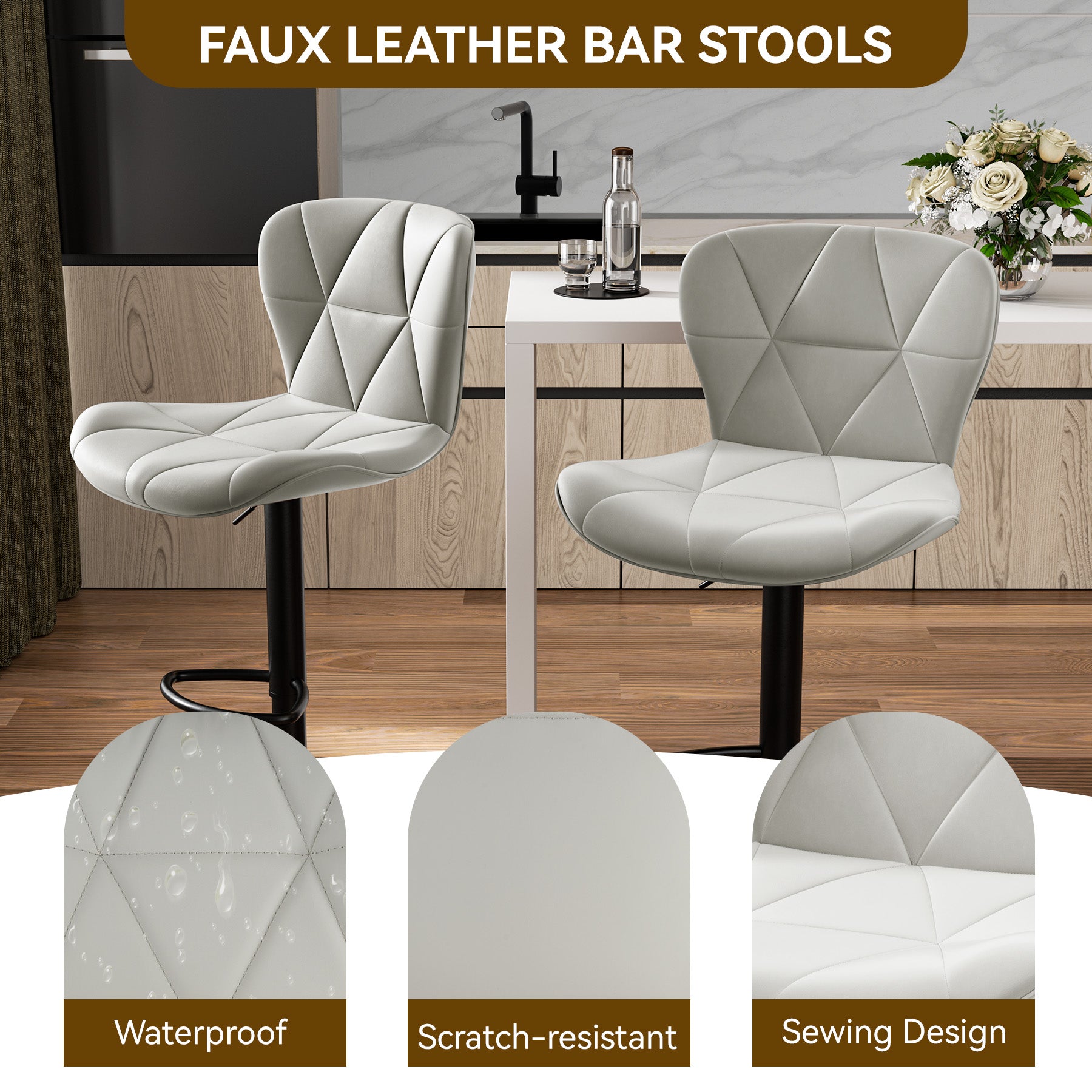 Modern Adjustable Faux Leather Bar Chair with Backrest - Stylish Black Counter Stool FU01034