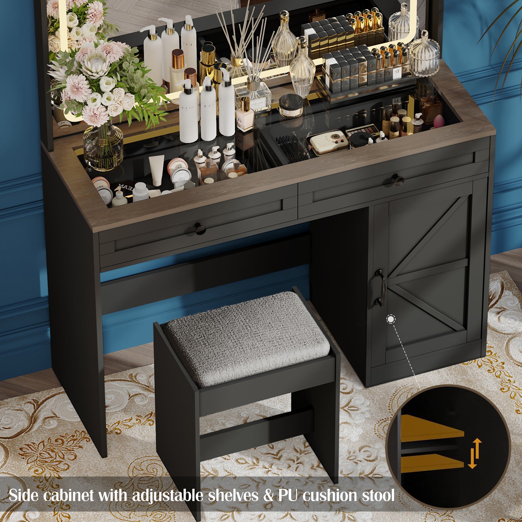 43.3"Makeup Vanity Table, Makeup Table with Large Mirror and LED Light Strip, Brightness Adjustable, Dressing Table Desk with 3 Drawers, Vanity Desk for Women(Black with Stool)