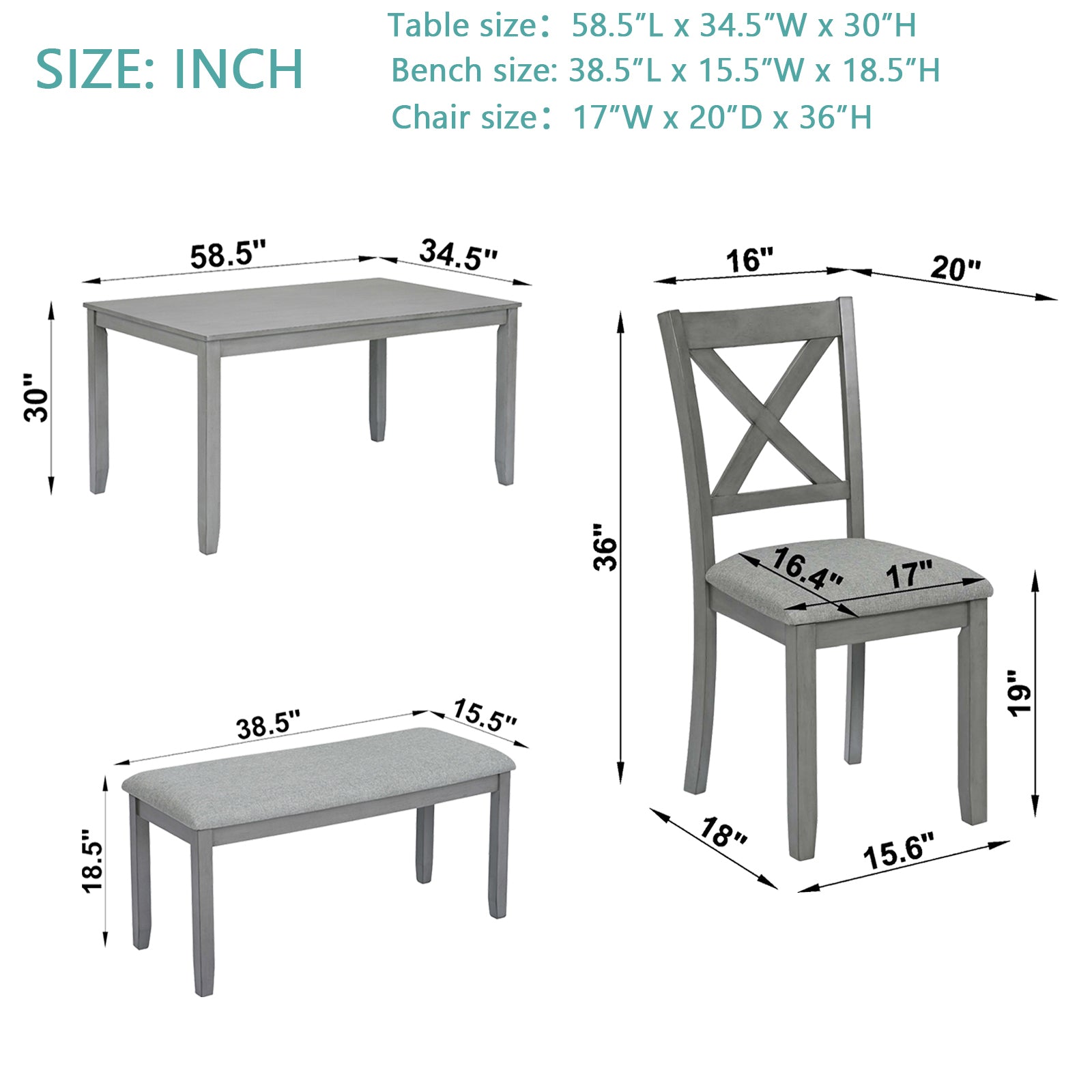 6 Piece Kitchen Dining Set, Rectangular Wooden Dining Table with 4 Upholstered Chairs and a Bench, Dining Table Set for 6 People, Living Room, Home Bar and Kitchen, Gray