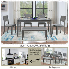 6 Piece Kitchen Dining Set, Rectangular Wooden Dining Table with 4 Upholstered Chairs and a Bench, Dining Table Set for 6 People, Living Room, Home Bar and Kitchen, Gray