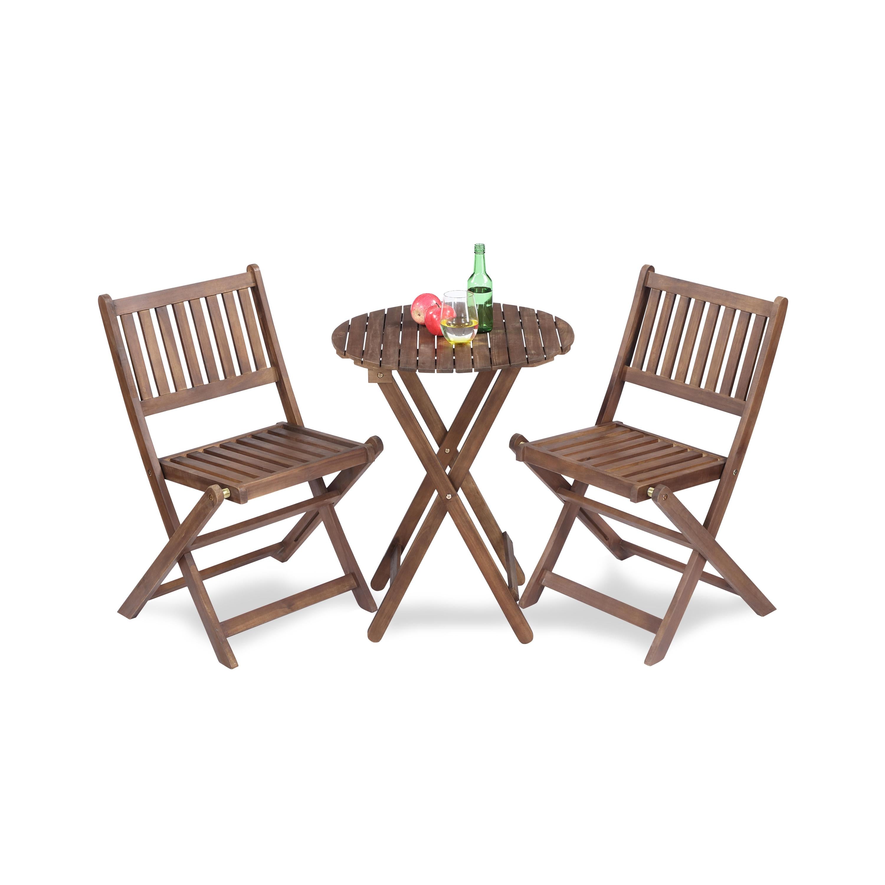 3-Piece Acacia Wood Bistro Set, Wooden Folding Patio Furniture for Garden Backyard Balcony Porch w/ 1 Coffee Table and 2 Foldable Chairs, Natural Stained