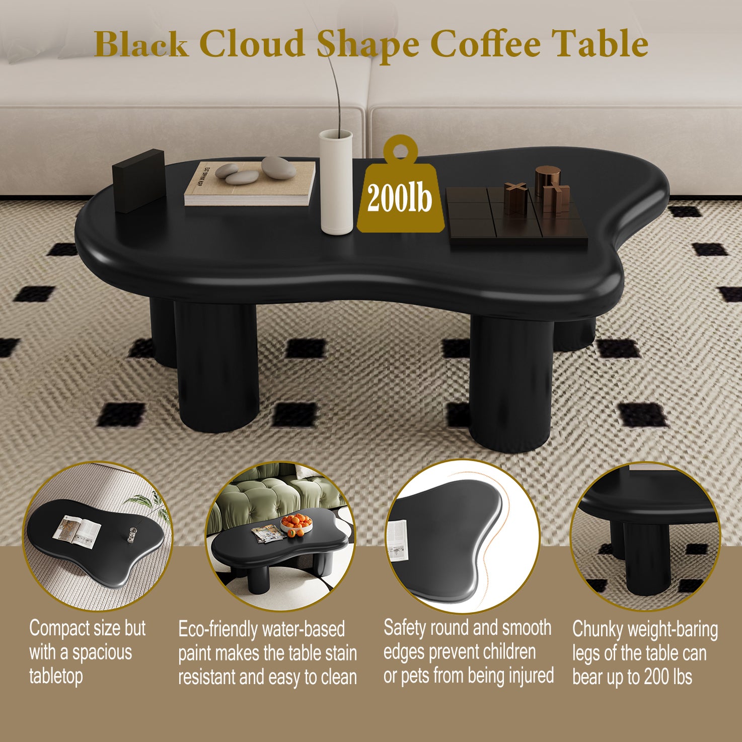 40 Inch Black Cloud Shaped Coffee Table for Living Room