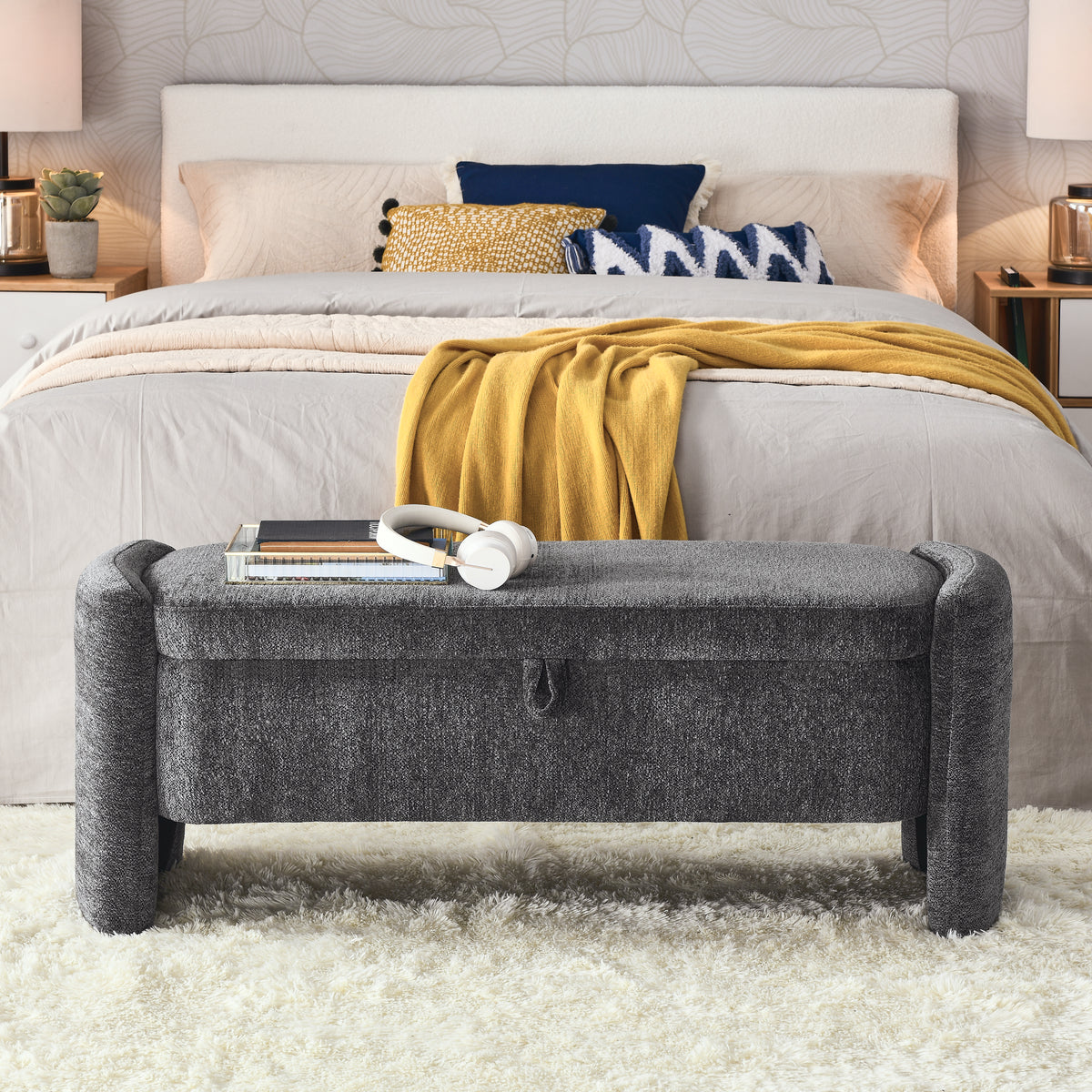 Oval Chenille Storage Ottoman Bench with Large Storage Space for Bedroom, Gray