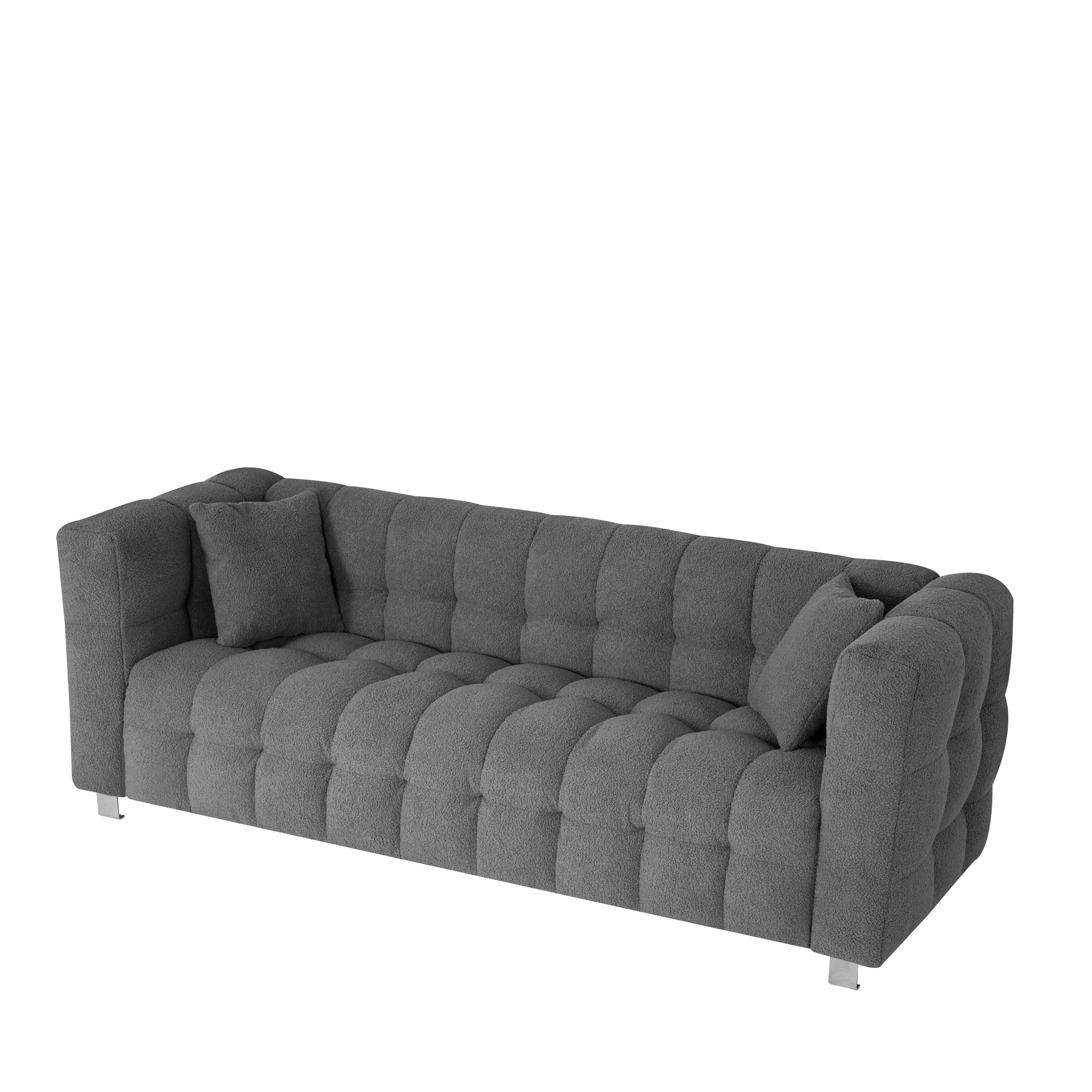 Modern Gray Teddy Fleece Modular Pit Sofa with 2 Pillows for Living Room - Luxurious 3-Seater Design