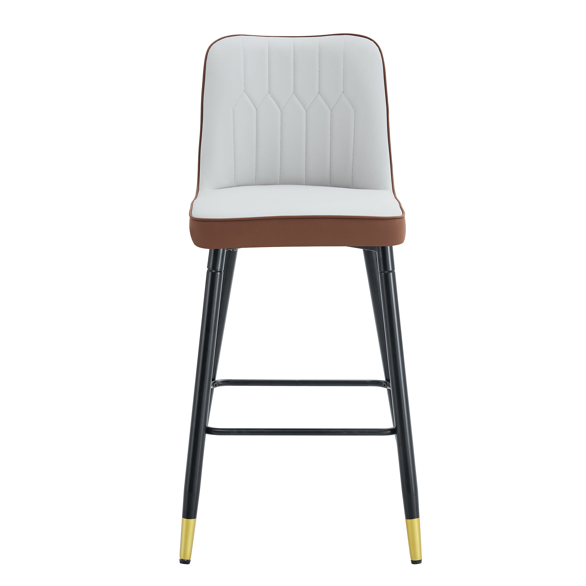 Modern Two-Tone PU Bar Stool Set of 2 - Brown and Light Gray Spliced Design with Gold Decorated Legs