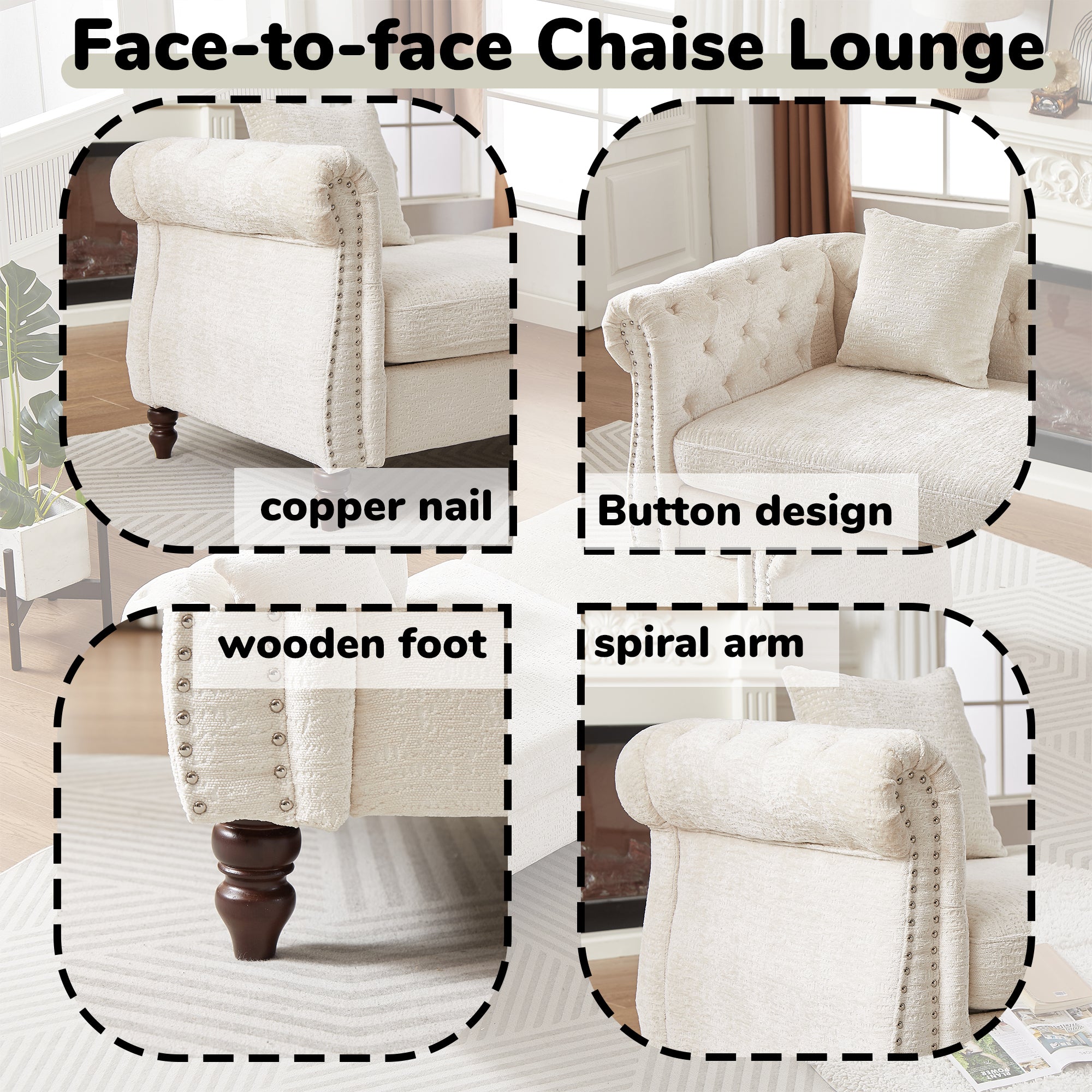 81-inch Chenille Face-to-face Chaise Lounge with Two Pillows,Nailhead trim,Button Tufted Design and Rolled Arms for Lounge, Living room and Office