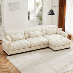 Oversized Modular Velvet Sectional Sofa with Ottoman, Deep Seat L-Shaped Cloud Couch for Living Room, Cream