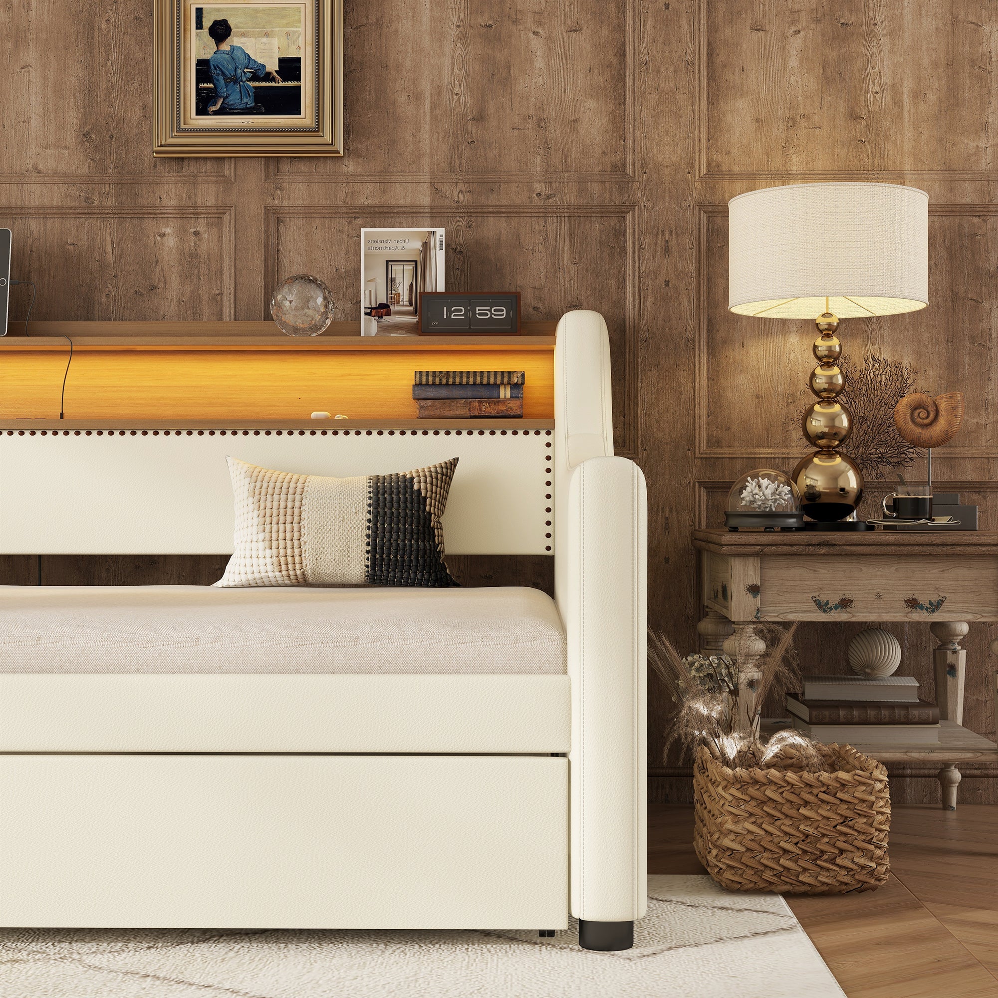 Twin Size Daybed with Trundle, Upholstered Sofa Bed with Charging Station and LED Lights, White