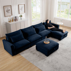 Big Deep Seat U-Shaped Corduroy Sectional Couches for Living Room, 4 Seater Sofa Couch with 2 Storage Footstool and 4 Waist Pillows (Corduroy, Blue)