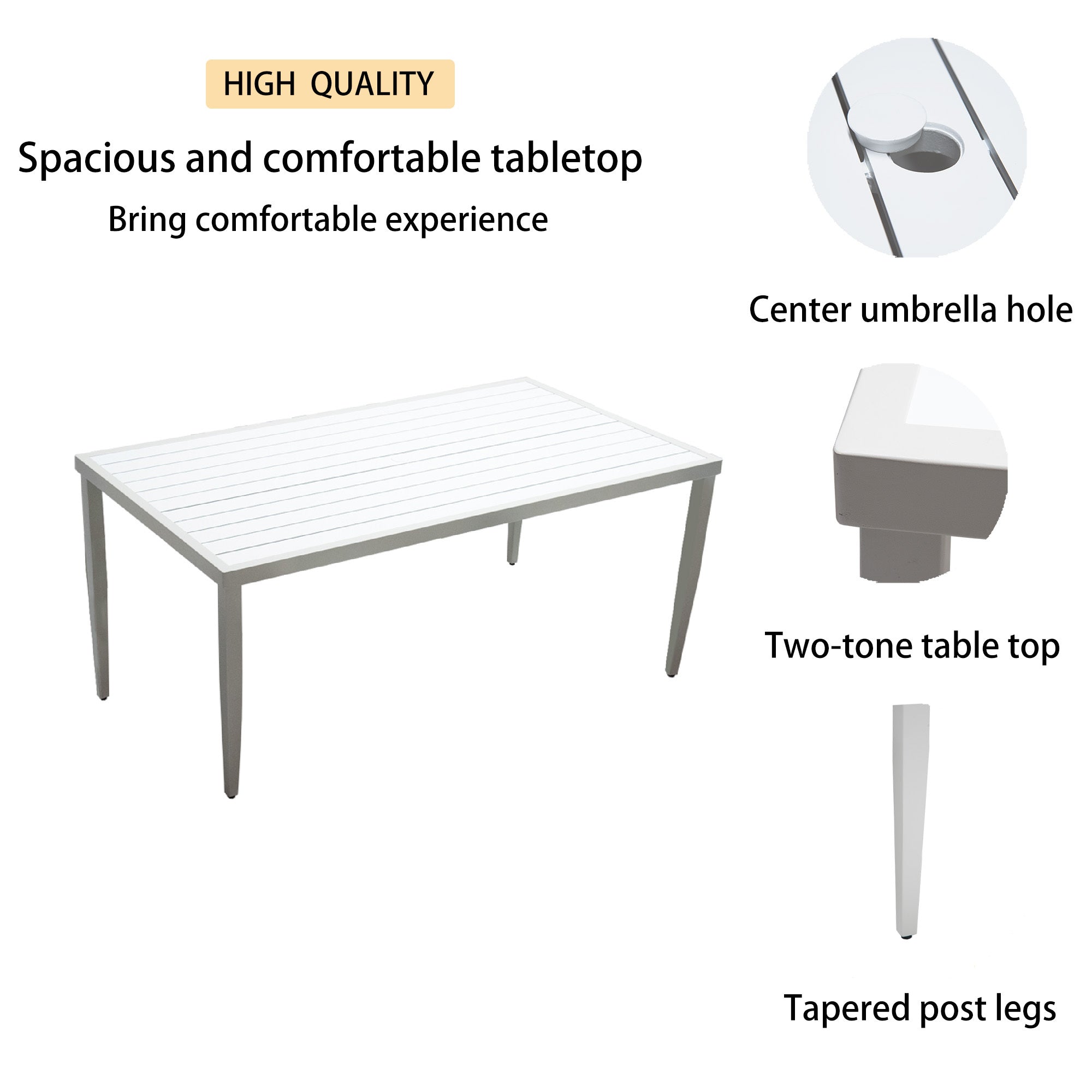 Outdoor Patio Aluminum 40"x70" Two-tone Table Top Rectangle Dining Table with Tapered Feet & Umbrella Hole, Matte White+ Grayish