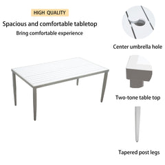 Outdoor Patio Aluminum 40"x70" Two-tone Table Top Rectangle Dining Table with Tapered Feet & Umbrella Hole, Matte White+ Grayish