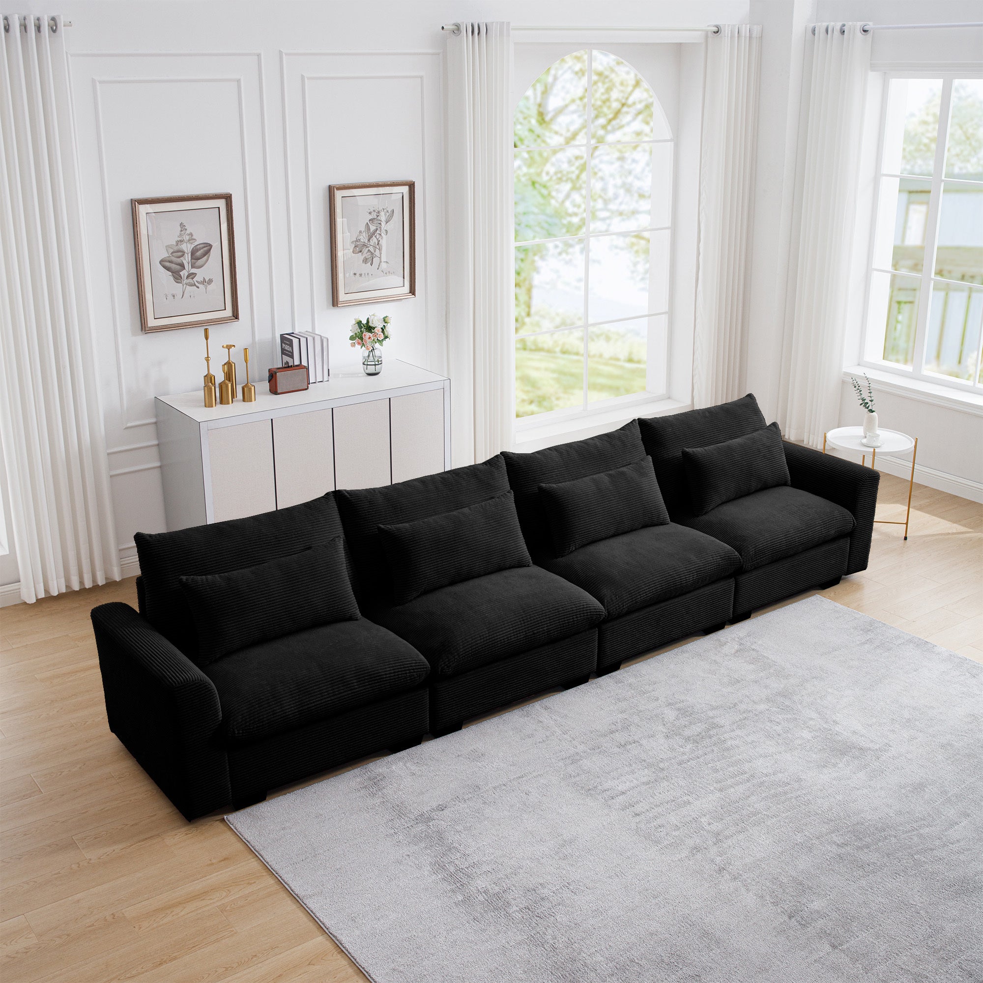 4 Seater Deep Seat Couches for Living Room, Comfy Black Corduroy Sofas for Living Room Modern with 4 Waist Pillows