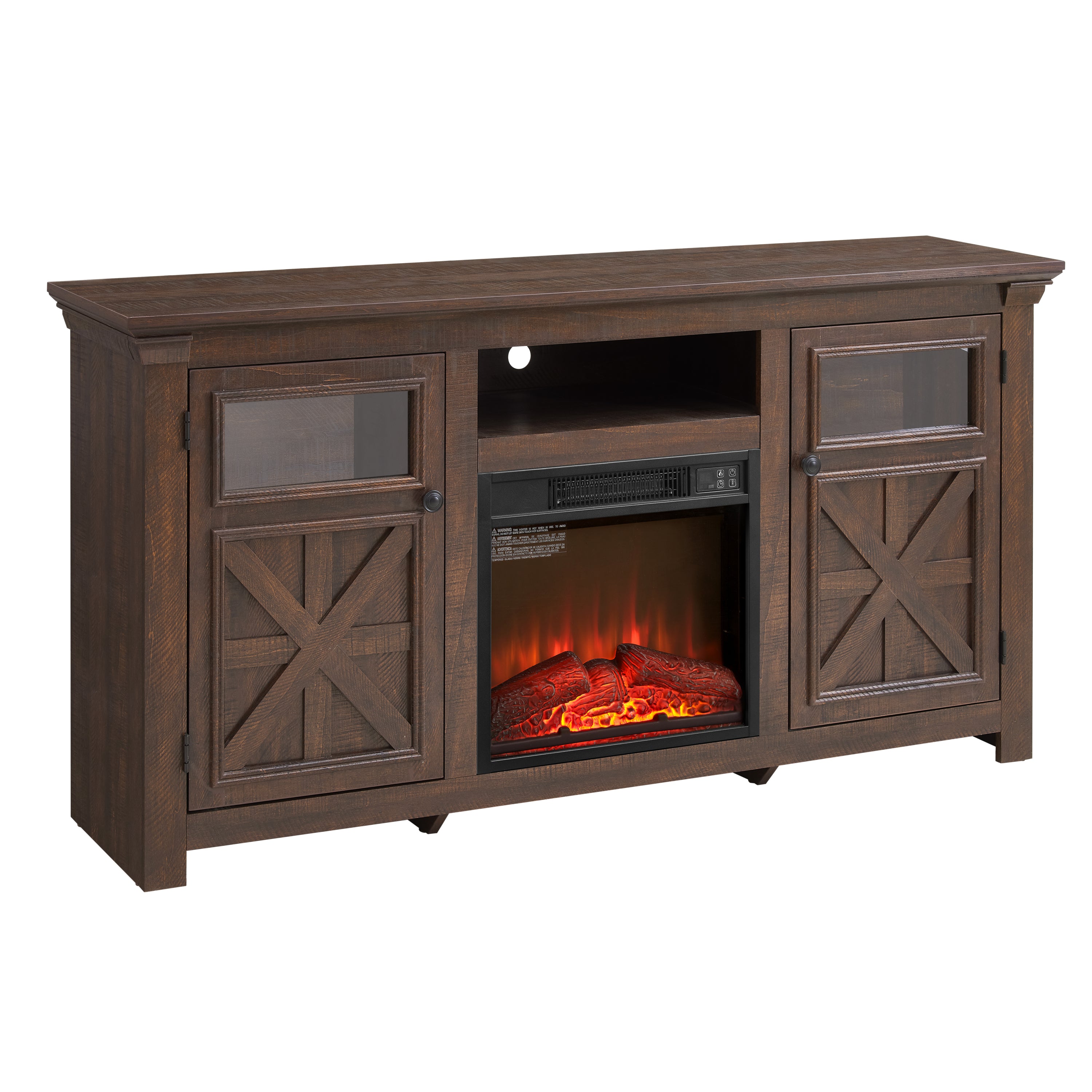 Farmhouse TV Stand with 2 Doors, Barn Design, Large Media Console with 18" Electric Fireplace Insert, Dark Brown