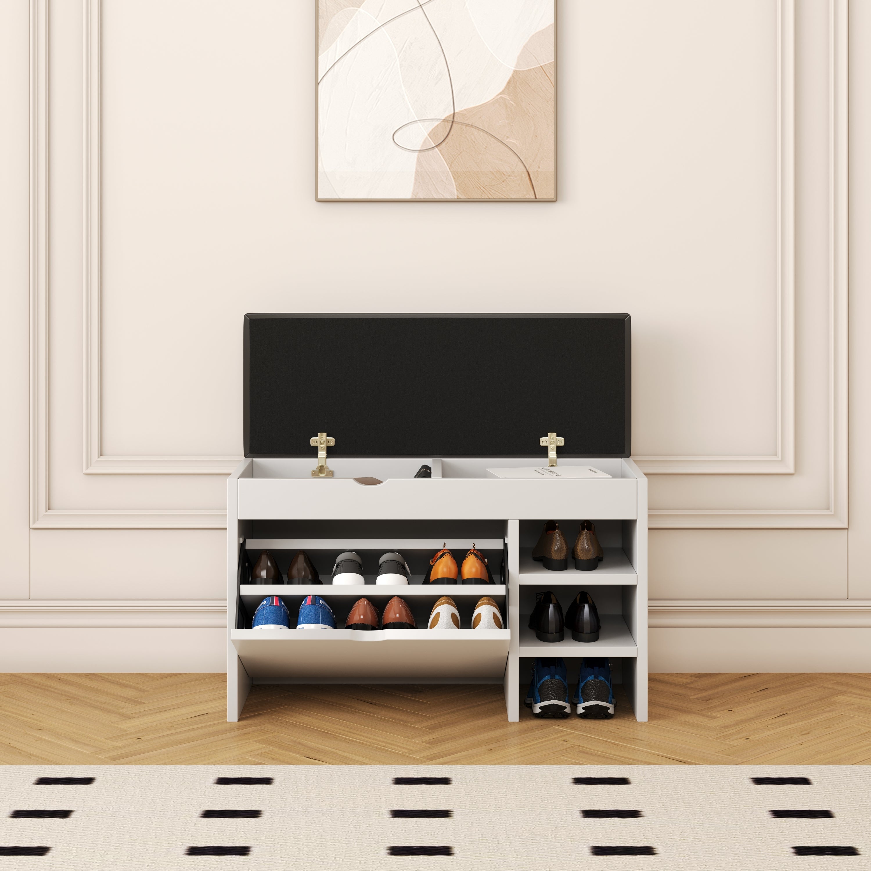 Modern White Shoe Cabinet with Soft Cushion Top for Entry Room