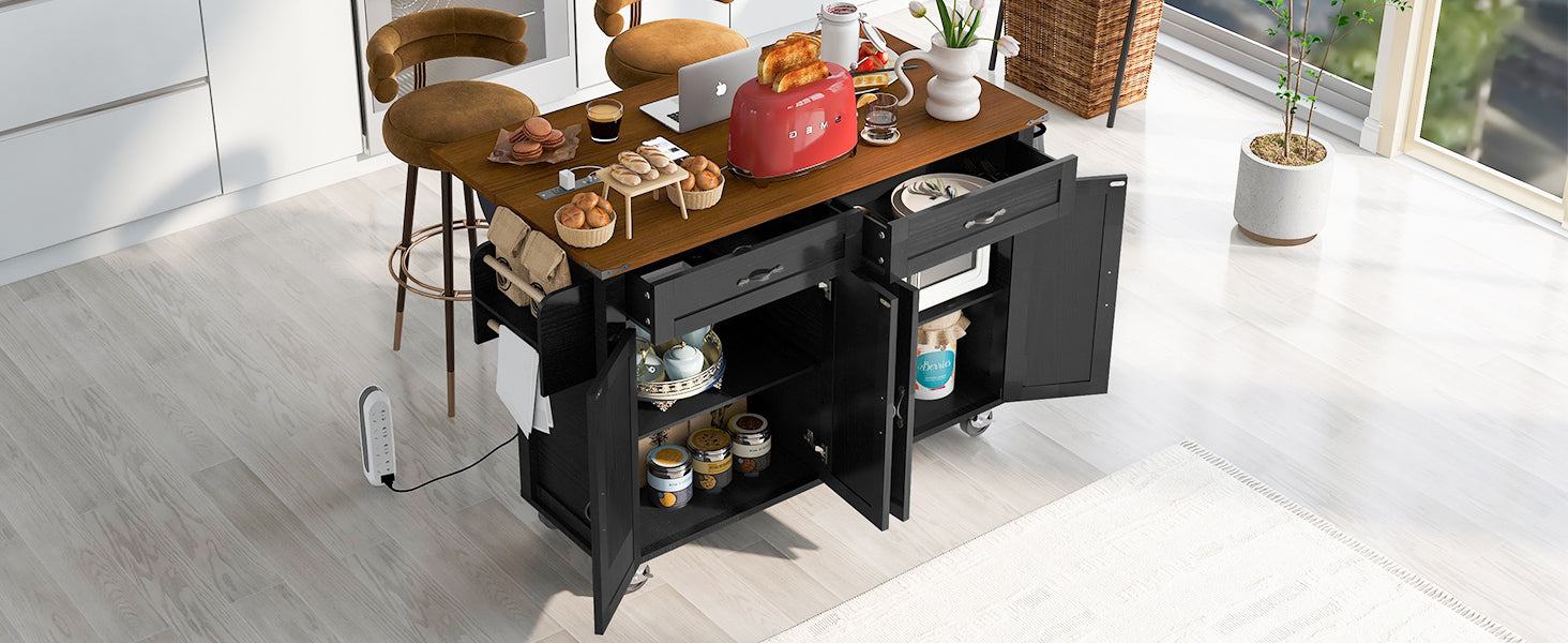 K&K 53.5''Farmhouse Kitchen Island with Drop Leaf, Spice Rack and Drawer, Rolling Kitchen Cart on Wheels, Black