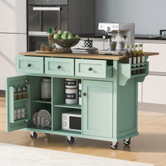 Kitchen Cart with Rubber wood Drop-Leaf Countertop for Dinning Room, Mint Green