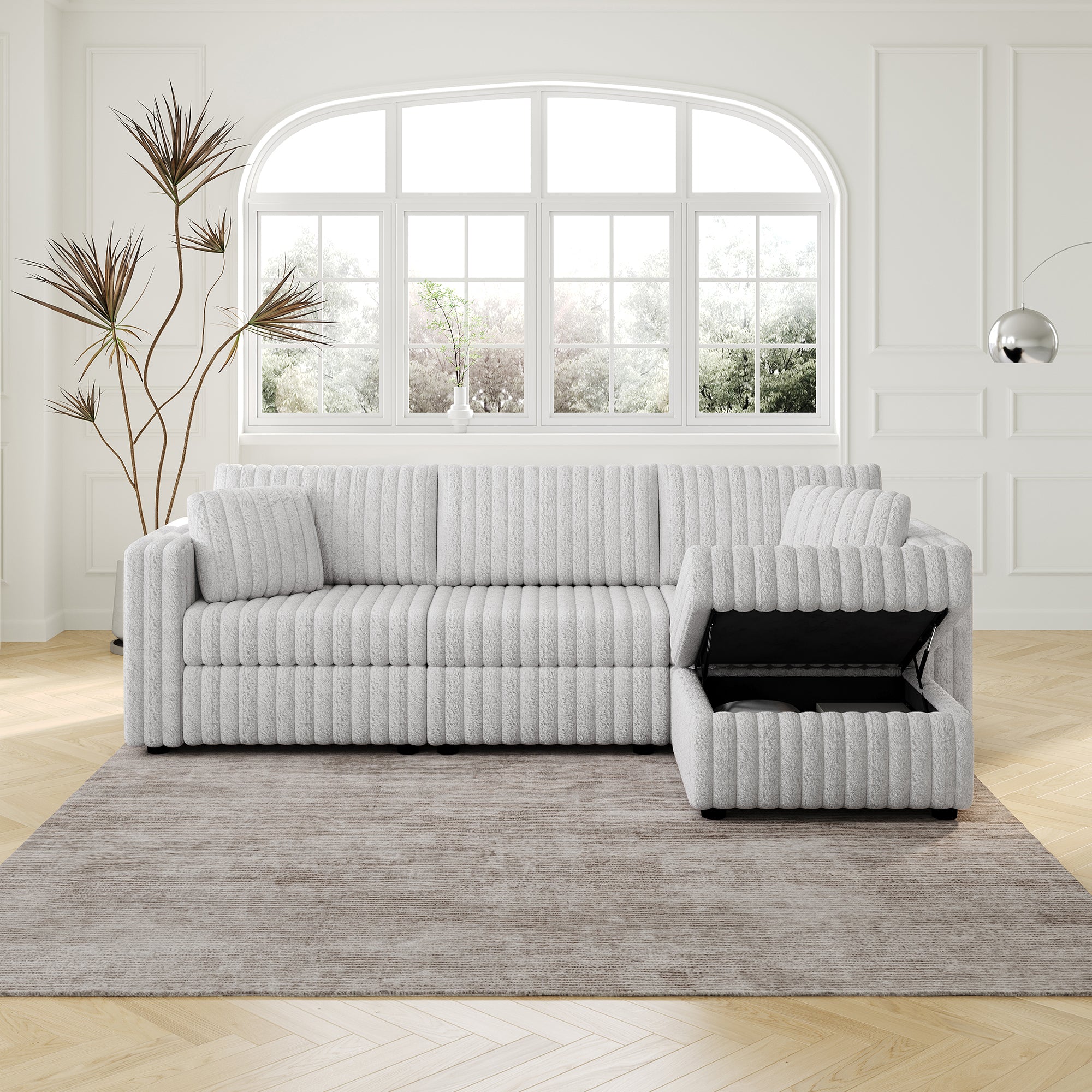 106.3" Soft Rabbit Plush 3-Person Sofa. Matches 30.7" Ottoman with Hydraulic Lift. Comfortable & Stylish. For Bedroom & Living Room. Light Gray. Modern Furniture. Modular Design.