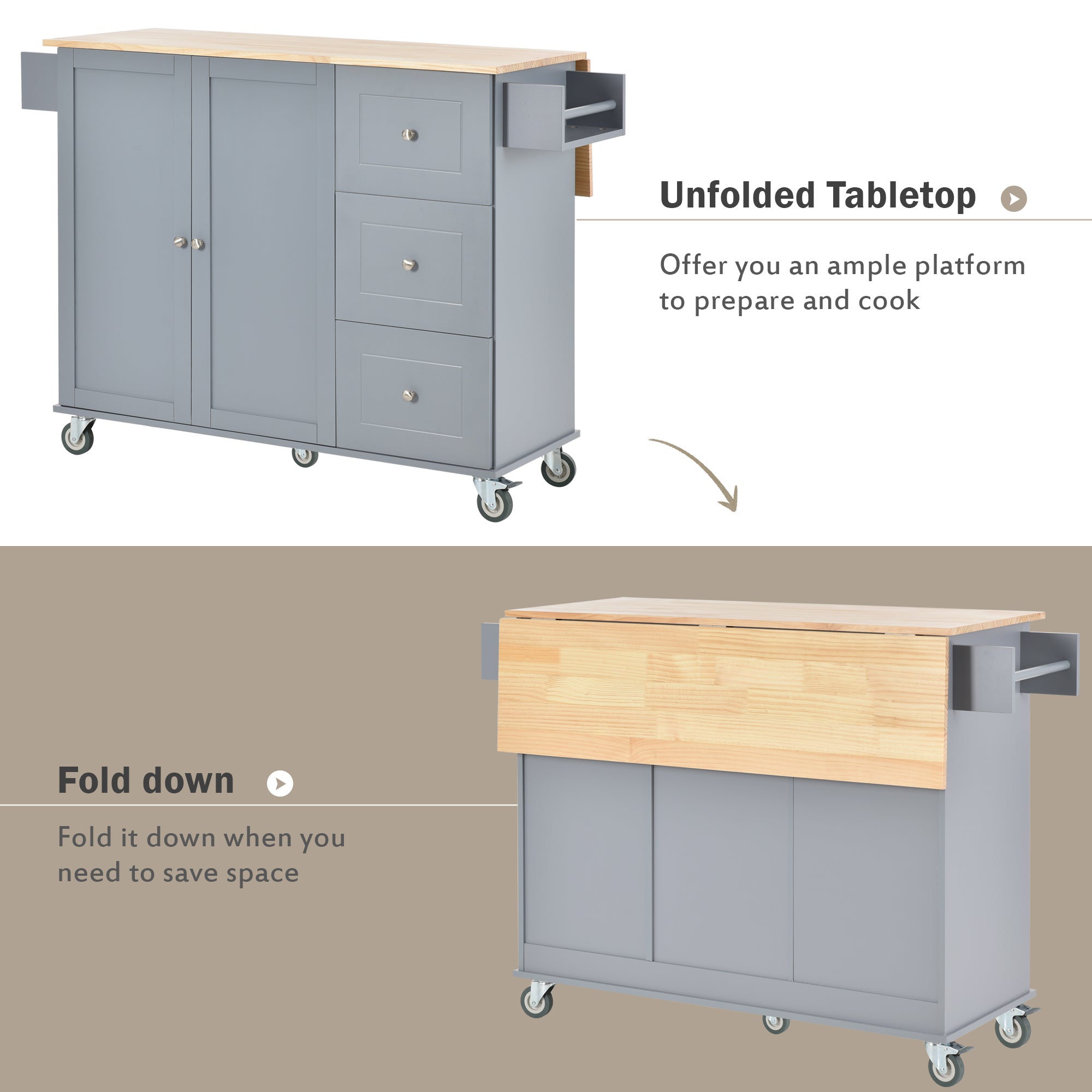 52.7" Rolling Mobile Kitchen Island with Solid Wood Top and Locking Wheels, Grey Blue