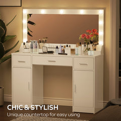 47.2"Vanity Desk with Large Mirror, 3 Colour Lighting Modes, Adjustable Brightness, Dresser with 3 Drawers & 2 Vertical Cabinets, Makeup Vanity Table for Women &  Girls (White)