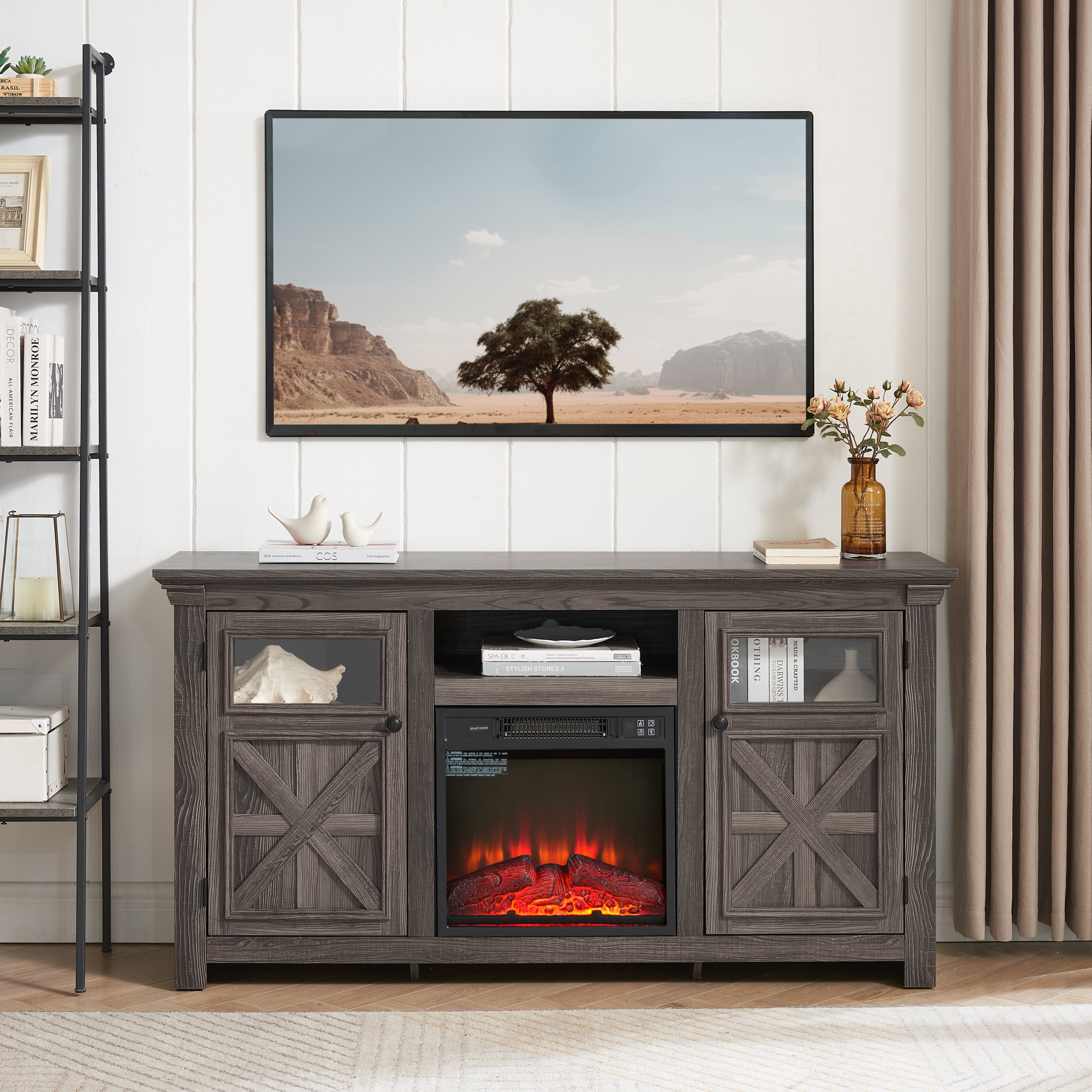 Farmhouse TV Stand with 2 Doors, Barn Design, Large Media Console with 18" Electric Fireplace Insert, GREY