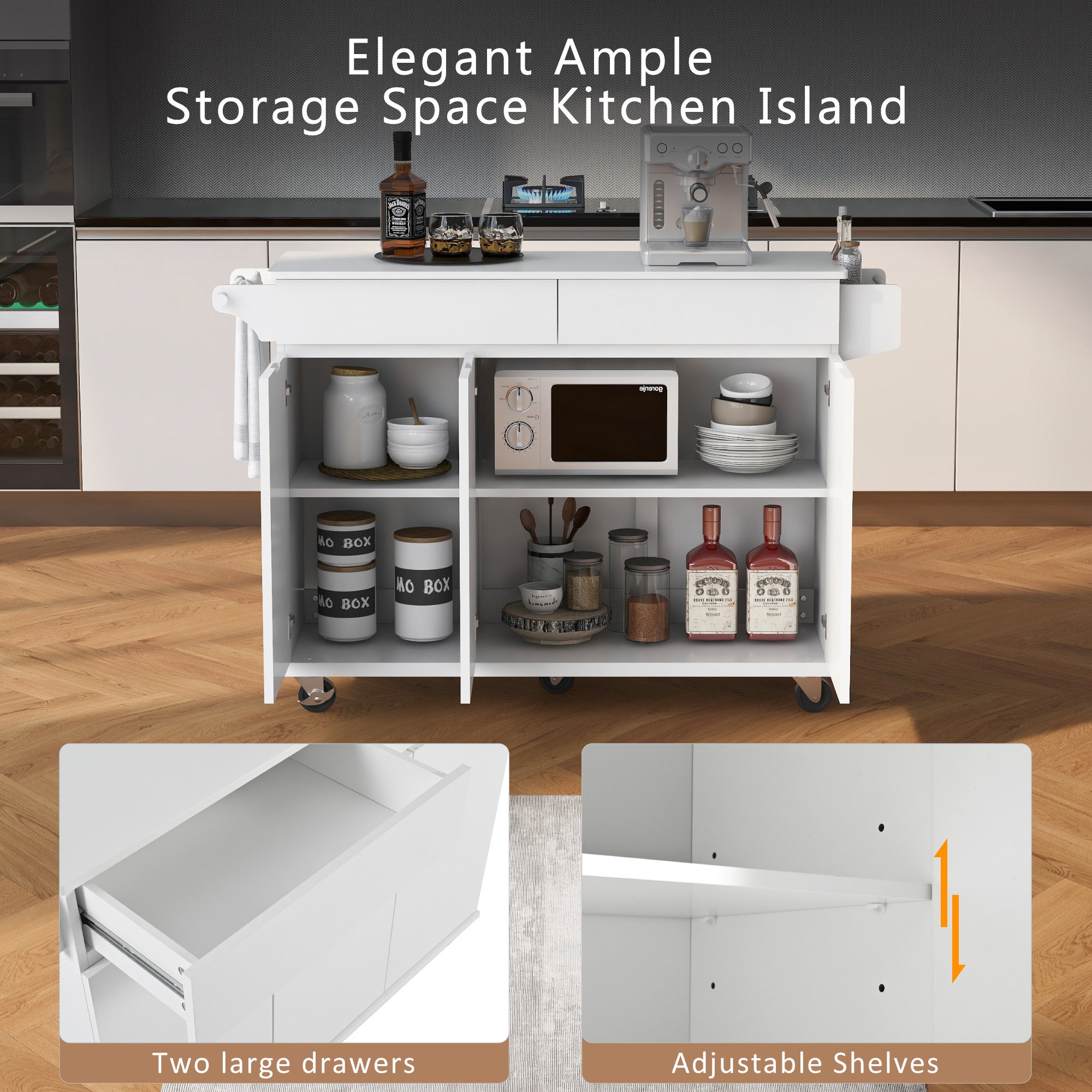 K&K 53.2''  Kitchen Island with Drop Leaf, Kitchen Storage Cart with Spice Rack, Towel Rack and 2 Drawers for Kitchen, Dining Room, White