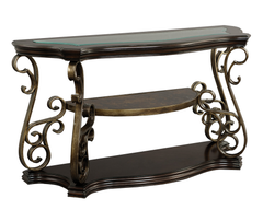 Sofa Table, Glass table top, MDF W/marble paper middle shelf, powder coat finish metal legs. (54"Lx20"Wx30"H)