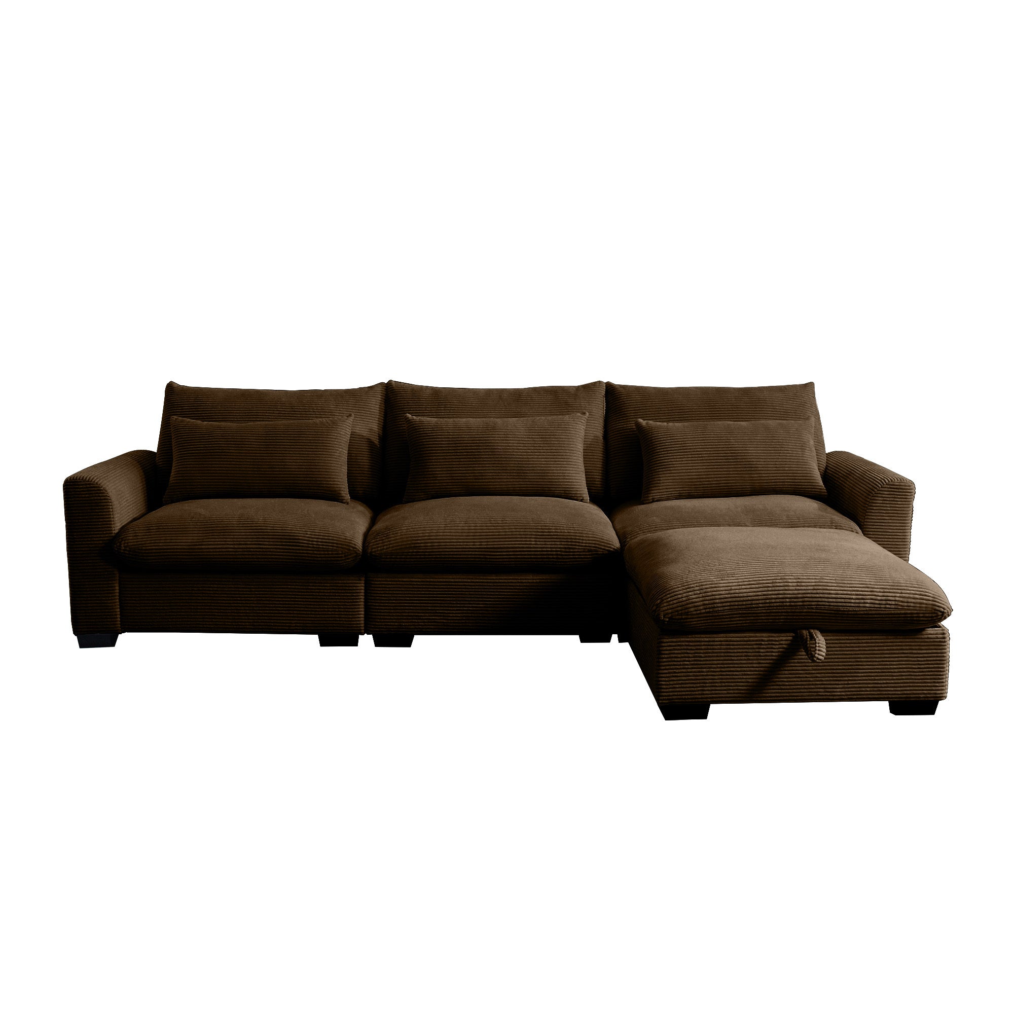 Corduroy Sectional Sofa,  L Shaped Couch with Storage Footstool and 3 Pillow, Sectional Couch for Living Room Apartment, Brown