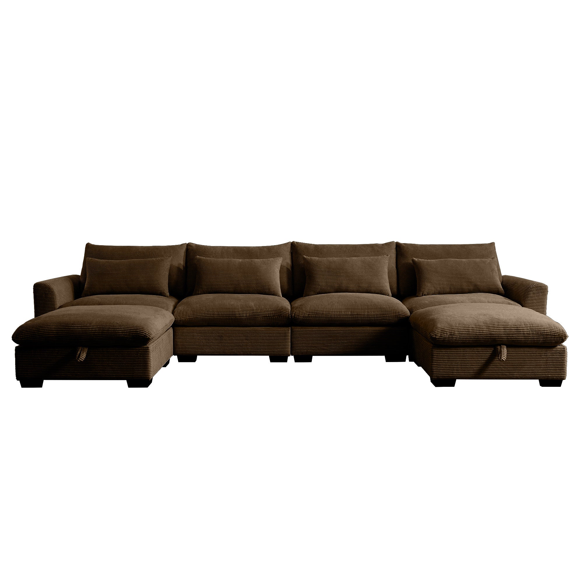 Big Deep Seat U-Shaped Corduroy Sectional Couches for Living Room, 4 Seater Sofa Couch with 2 Storage Footstool and 4 Waist Pillows (Corduroy, Brown)