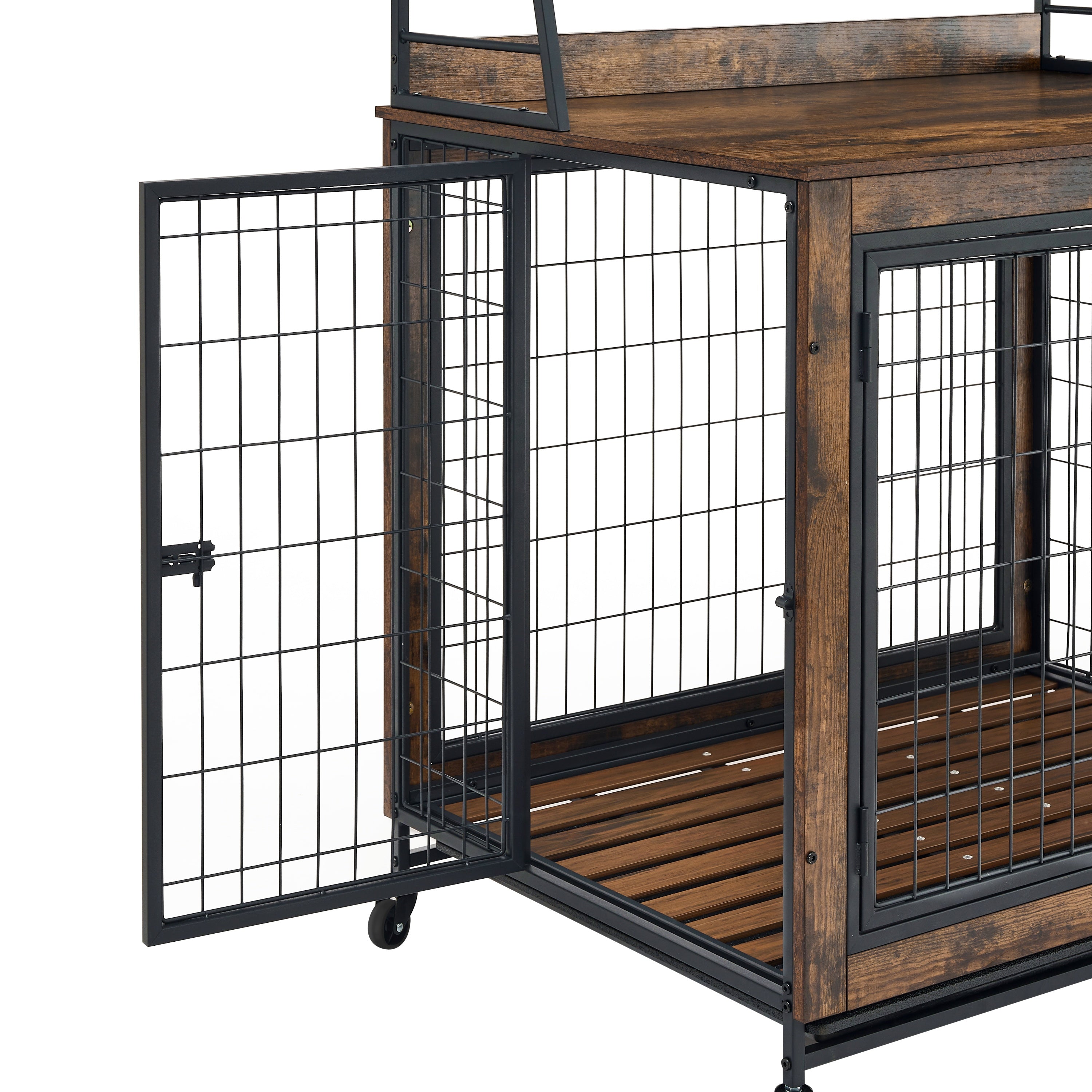 Furniture type dog cage iron frame door with cabinet, two door design, Rustic Brown,37.99"WX27.36"DX59.92"H