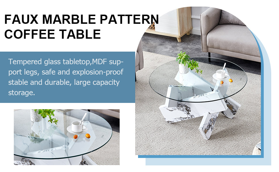 Modern 33.4" Round Glass Coffee Table with Tempered Glass Top & Cross Legs