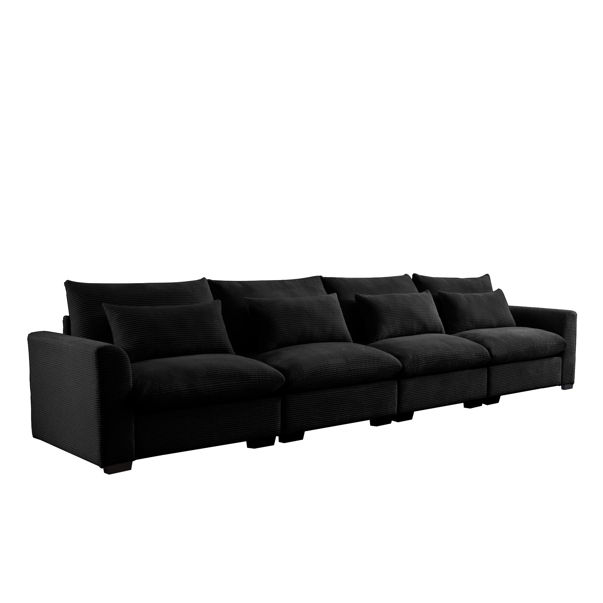 4 Seater Deep Seat Couches for Living Room, Comfy Black Corduroy Sofas for Living Room Modern with 4 Waist Pillows